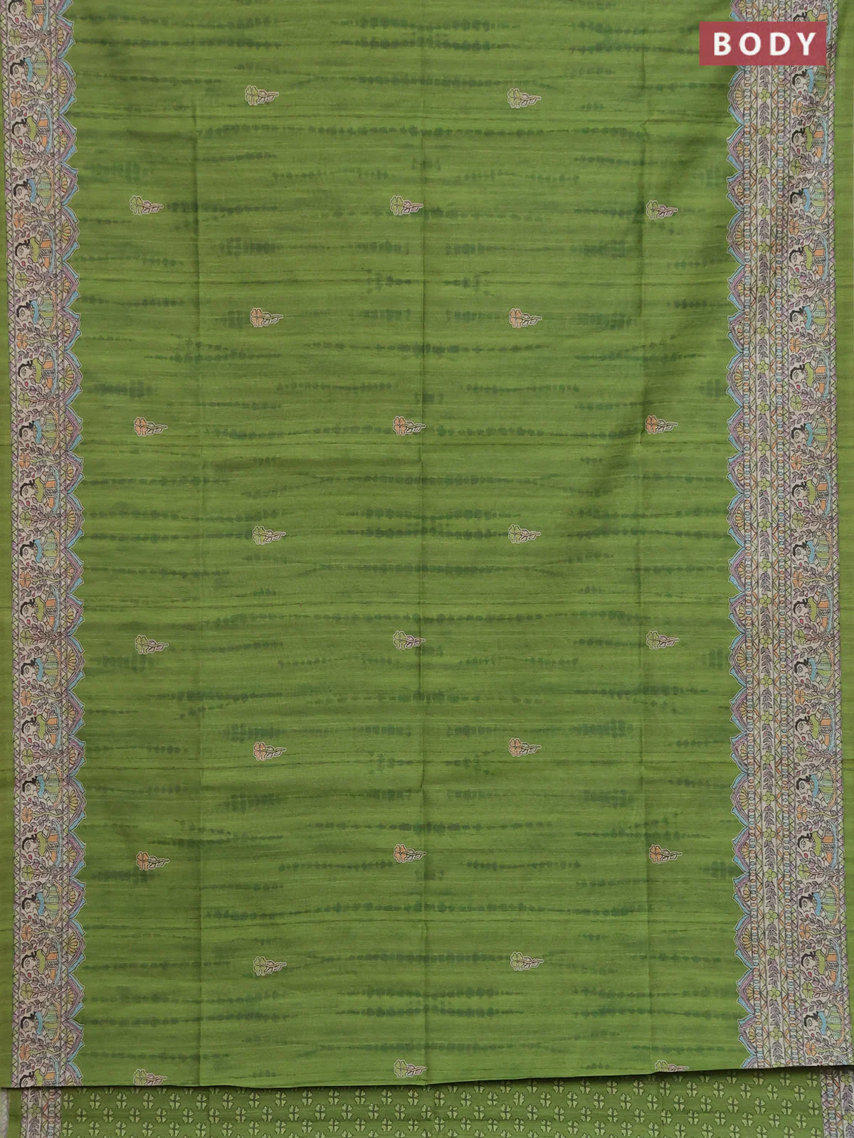 Semi tussar saree light green and beige with butta prints and madhubani printed pallu & border - Image 2