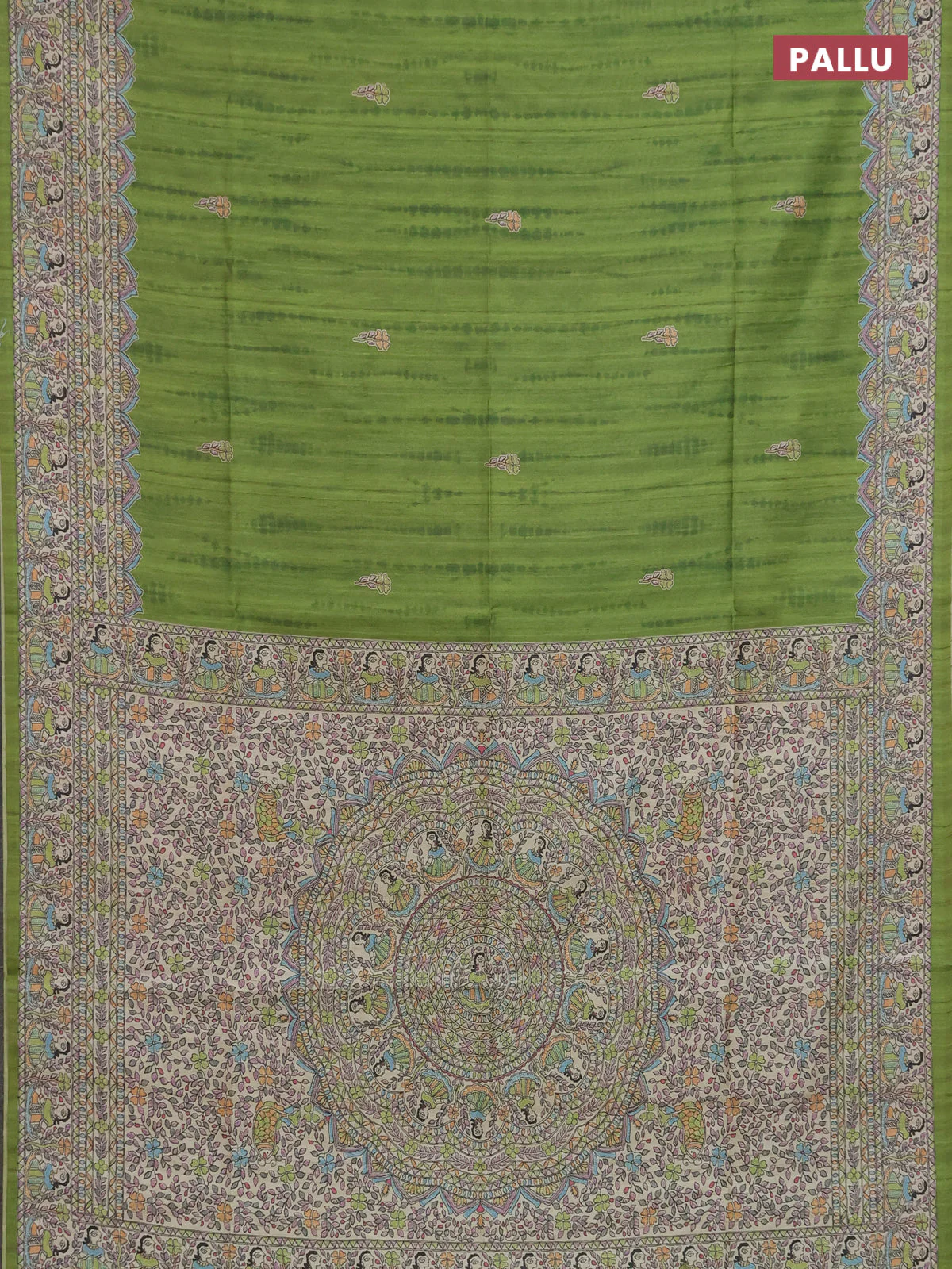 Semi tussar saree light green and beige with butta prints and madhubani printed pallu & border - Image 3