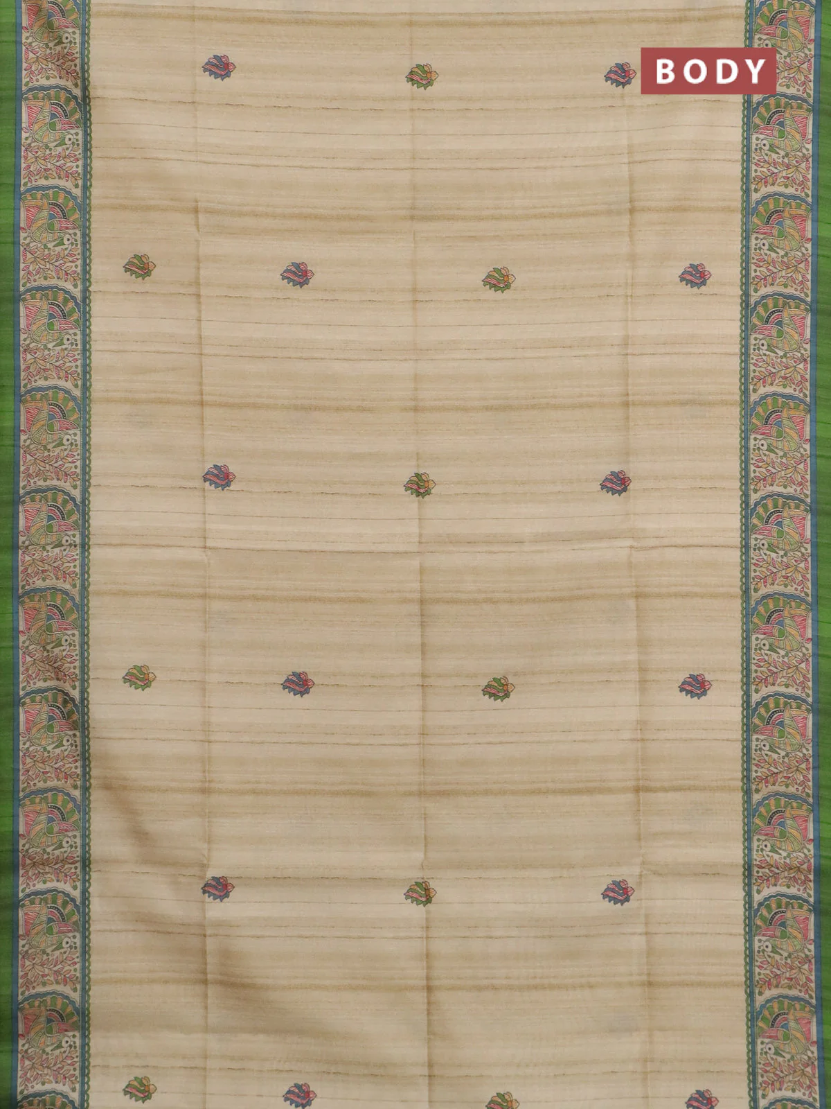 Semi tussar saree light green and cream with allover butta prints and madhubani printed pallu & border - Image 2