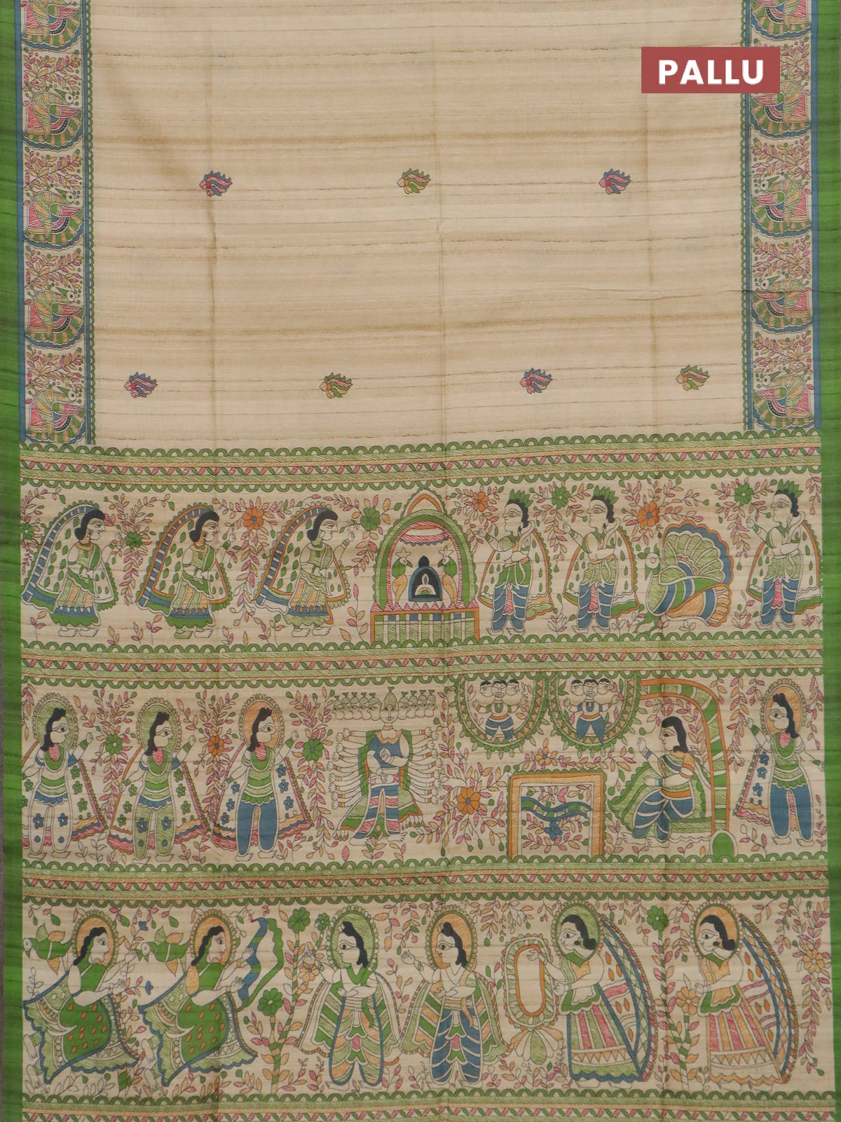 Semi tussar saree light green and cream with allover butta prints and madhubani printed pallu & border - Image 3