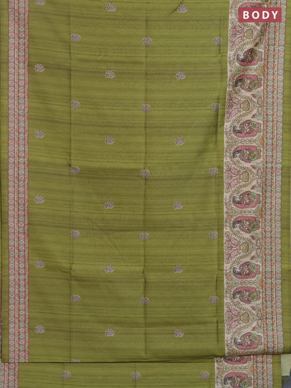 Semi tussar saree light green and cream with paisley butta prints and madhubani printed pallu & border - Image 2