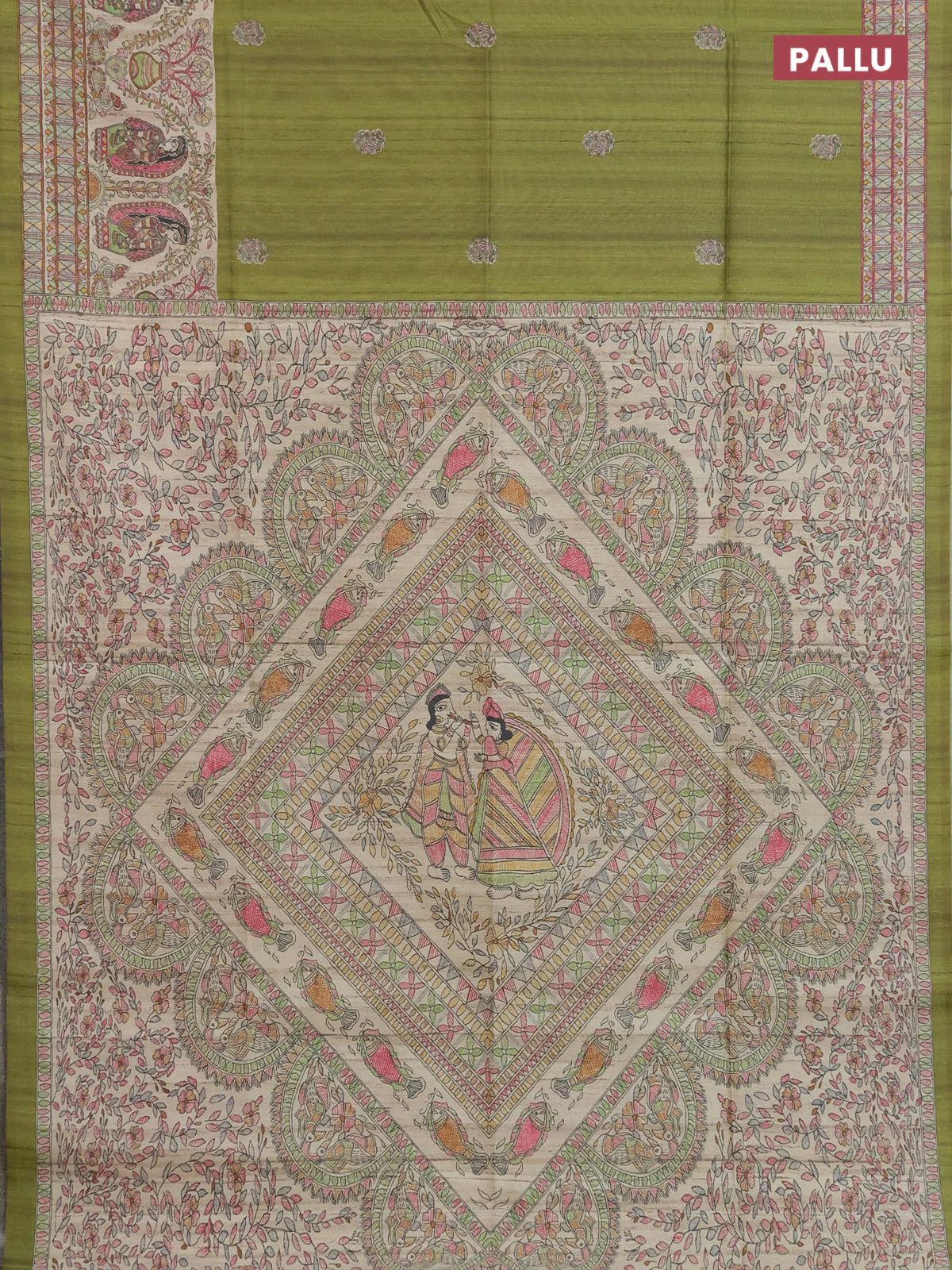 Semi tussar saree light green and cream with paisley butta prints and madhubani printed pallu & border - Image 3