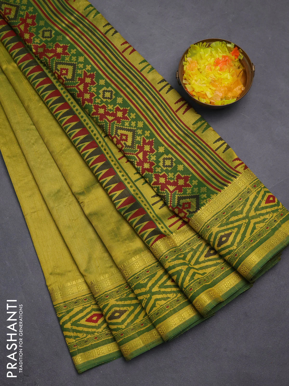 Semi tussar saree light green and green with plain body and ikat printed pallu