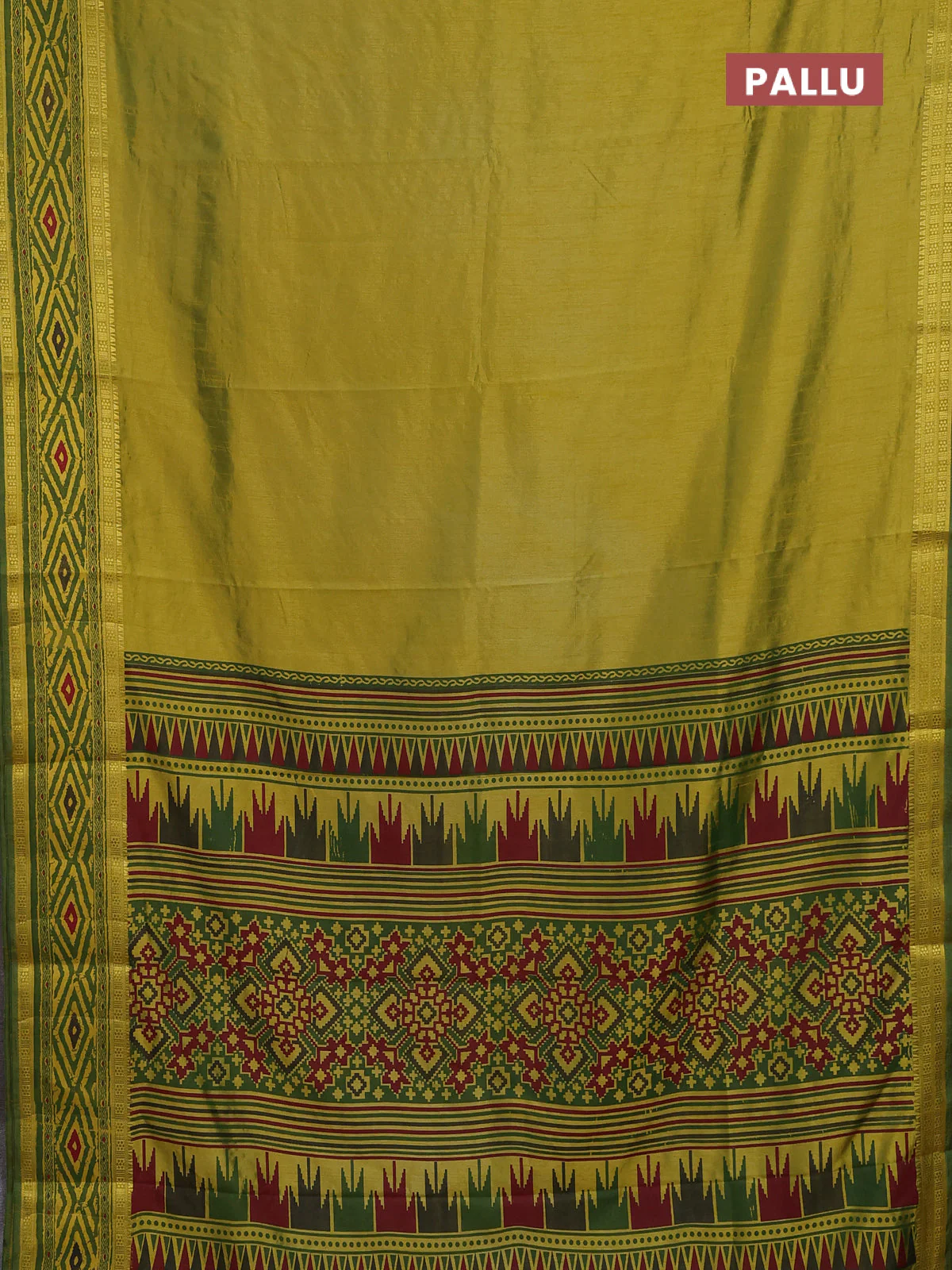 Semi tussar saree light green and green with plain body and ikat printed pallu - Image 3