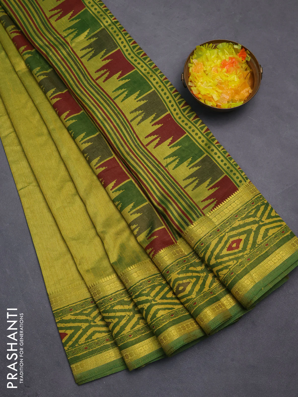 Semi tussar saree light green and green with plain body and ikat printed pallu