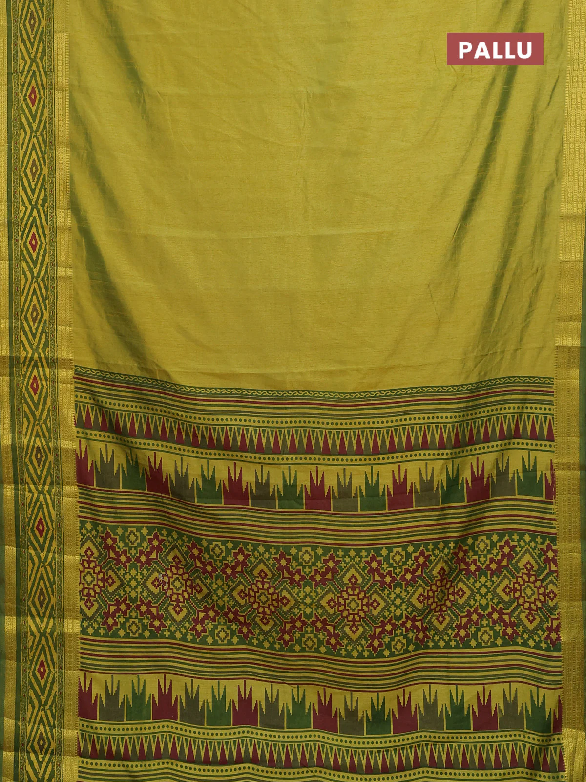 Semi tussar saree light green and green with plain body and ikat printed pallu - Image 3