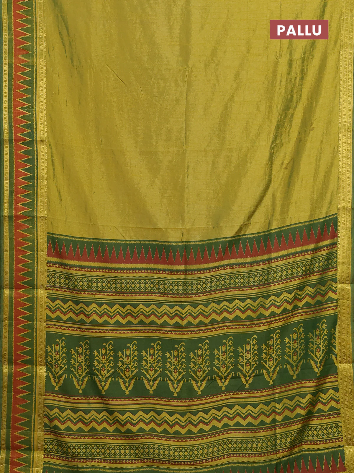 Semi tussar saree light green and green with plain body and ikat woven zari border - Image 3