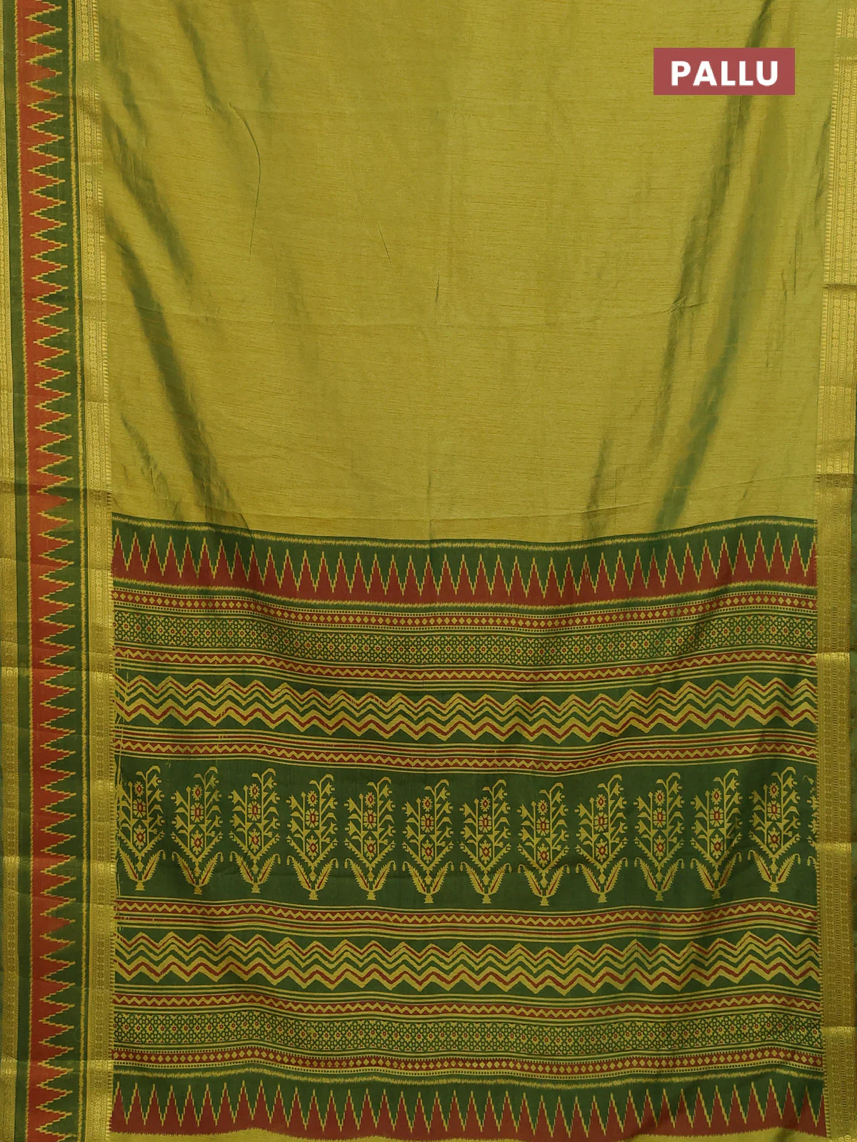 Semi tussar saree light green and green with plain body and ikat woven zari border - Image 3