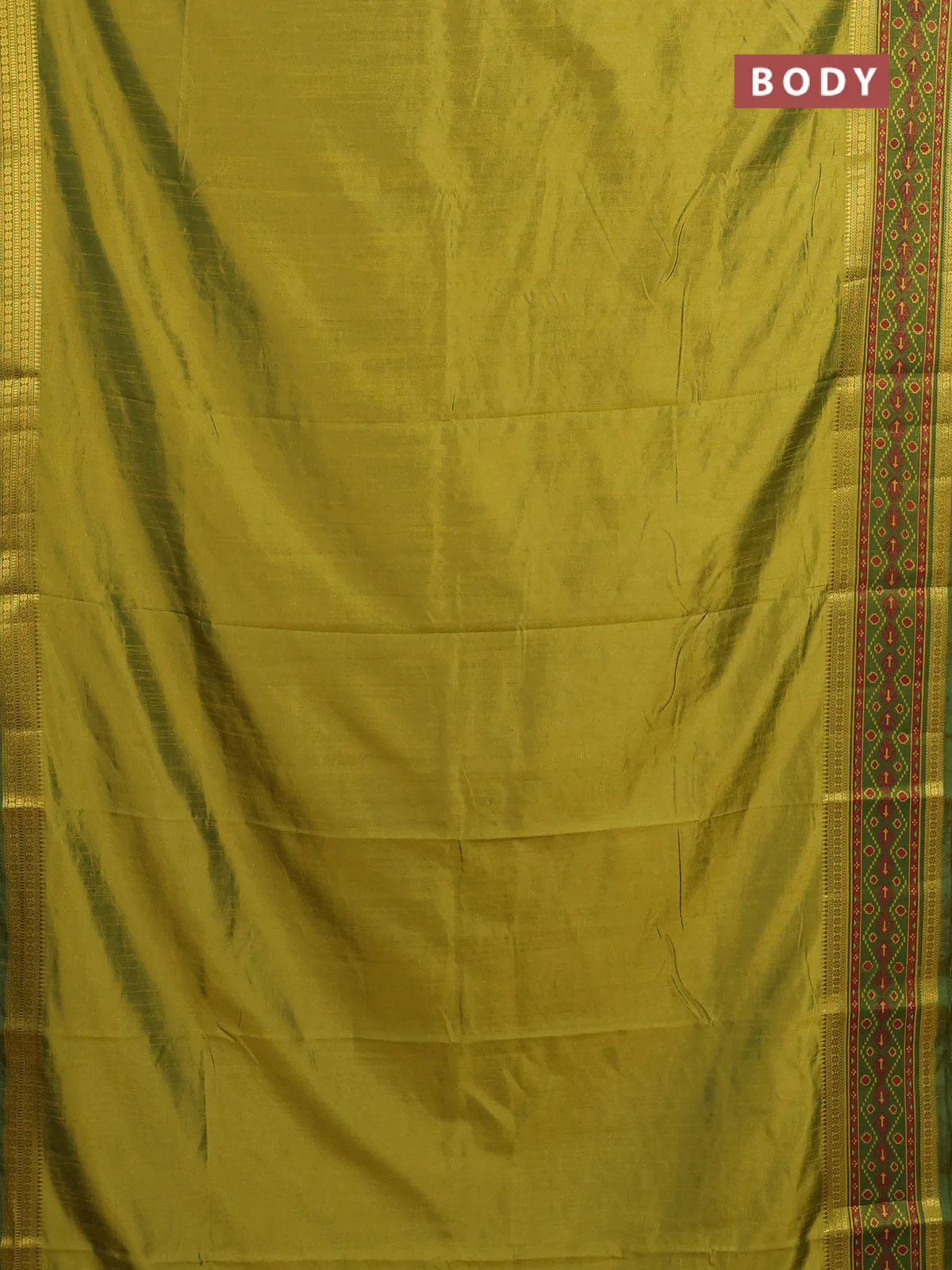Semi tussar saree light green and green with plain body and ikat woven zari border - Image 2