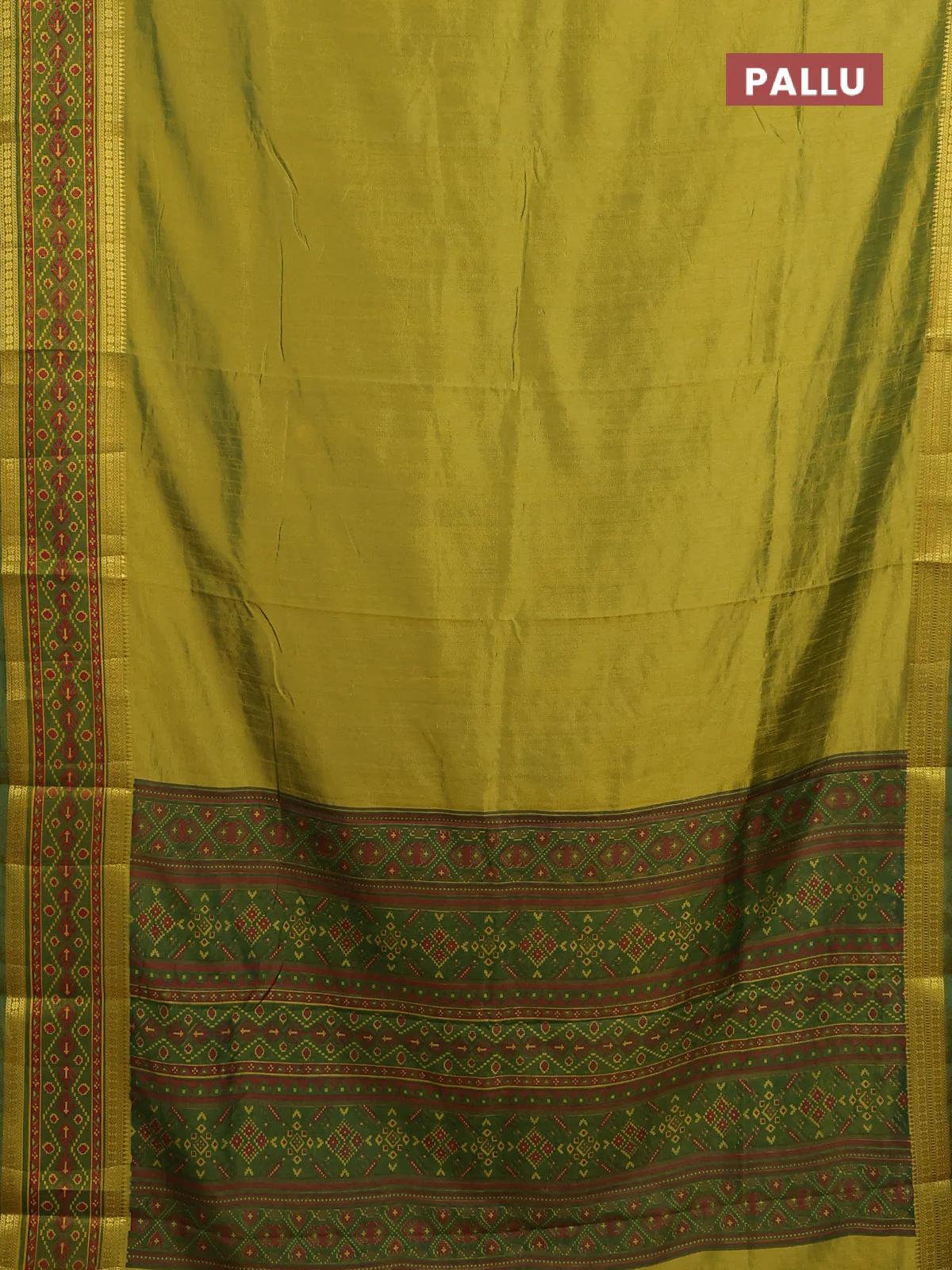 Semi tussar saree light green and green with plain body and ikat woven zari border - Image 3