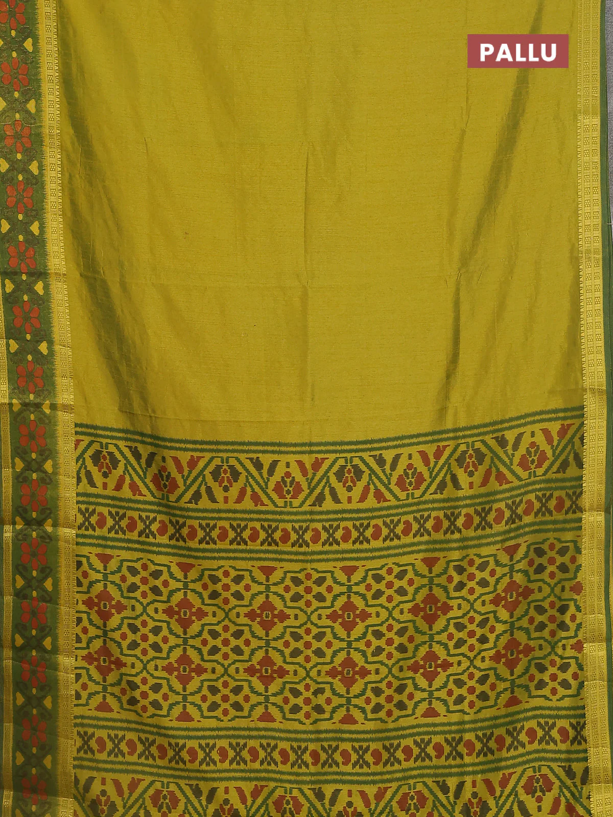 Semi tussar saree light green and green with plain body and ikat woven zari border - Image 3