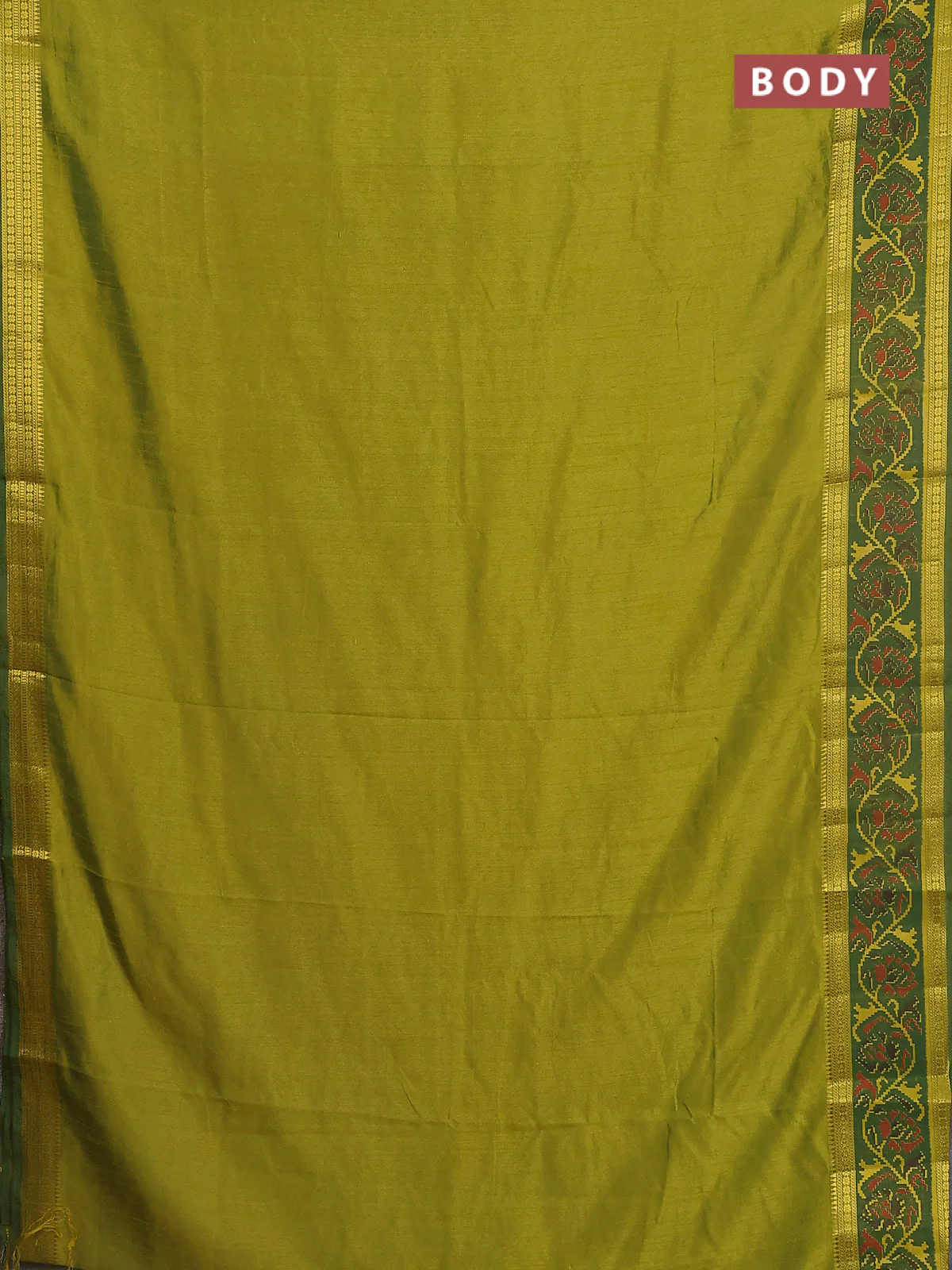Semi tussar saree light green and green with plain body and ikat woven zari border - Image 2