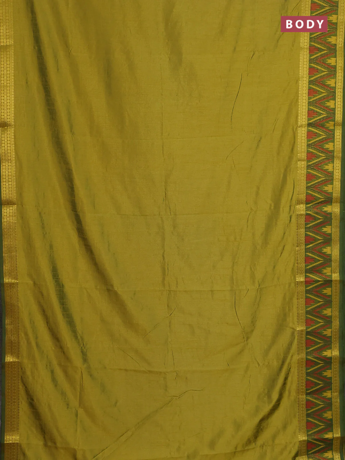 Semi tussar saree light green and green with plain body and ikat woven zari border - Image 2
