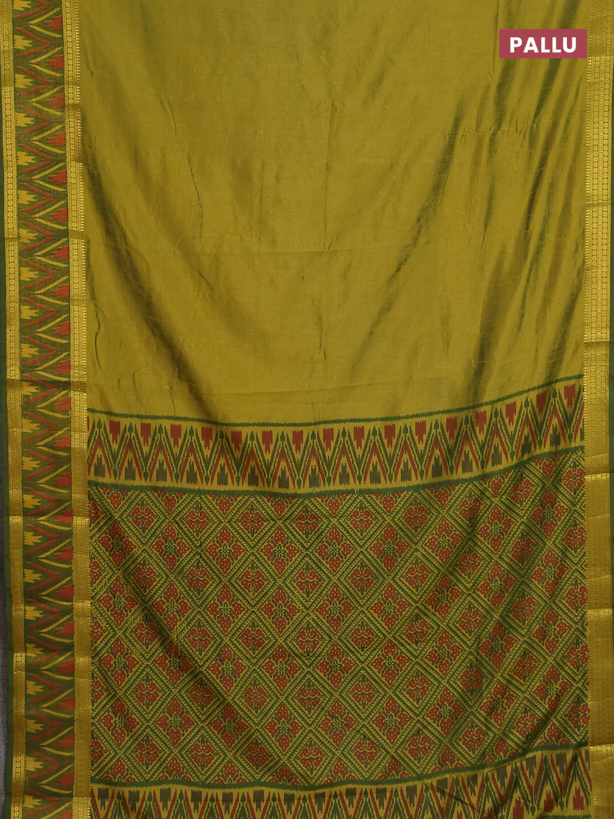 Semi tussar saree light green and green with plain body and ikat woven zari border - Image 3