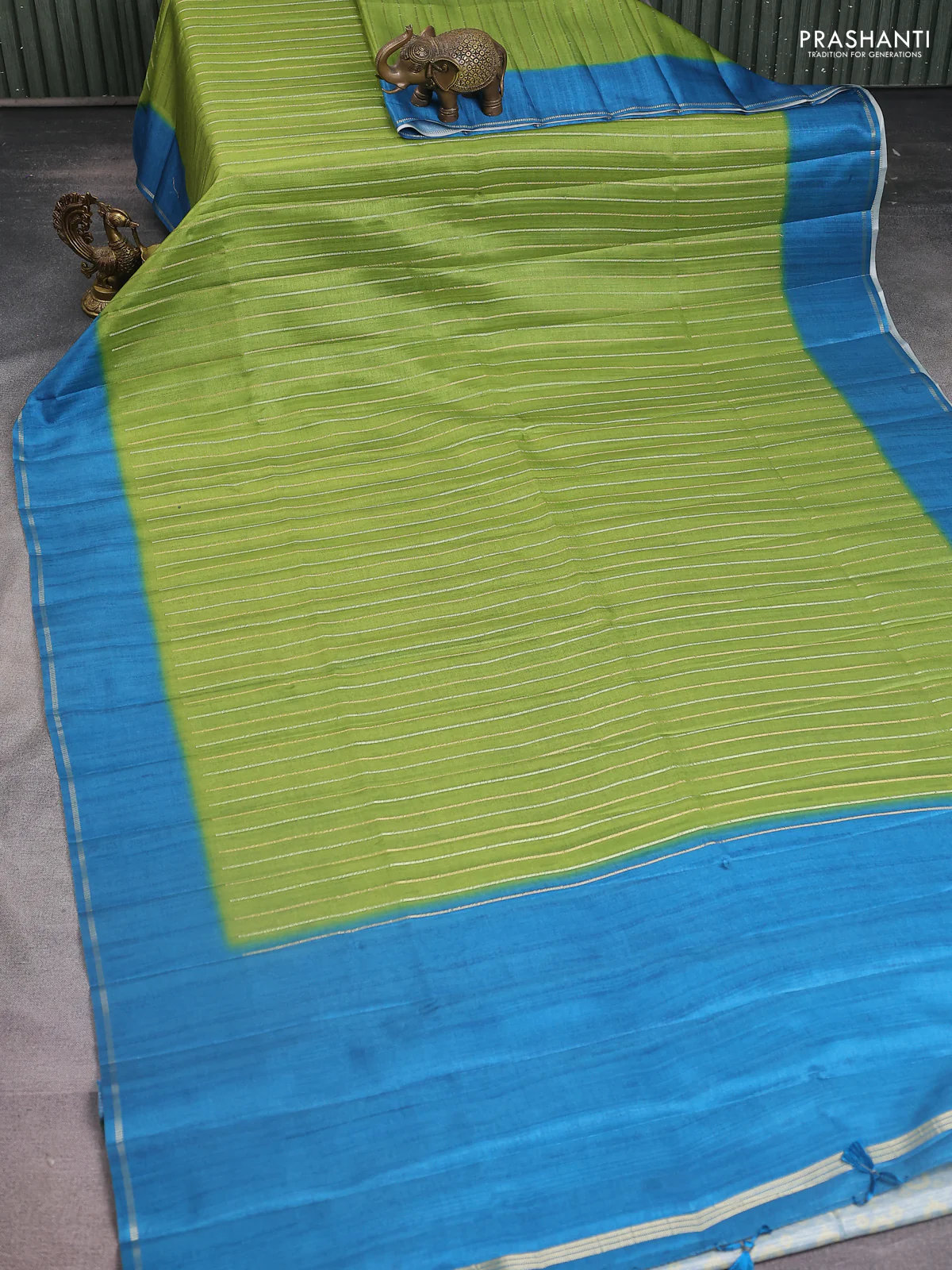 Semi tussar saree light green and peacock blue with allover silver & gold zari weaves and simple zari border - Image 2