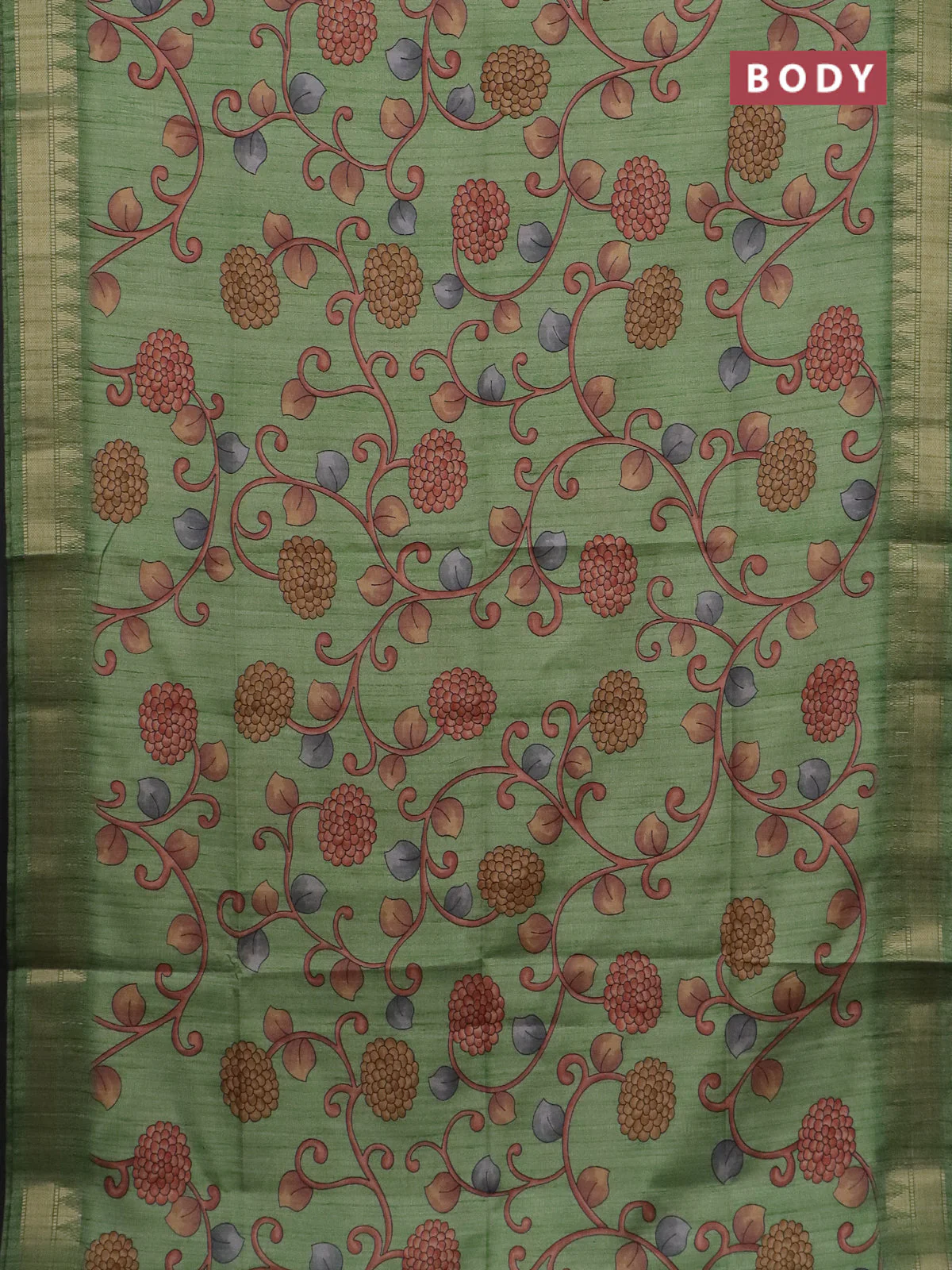Semi tussar saree light green with allover floral prints and zari woven border - Image 2
