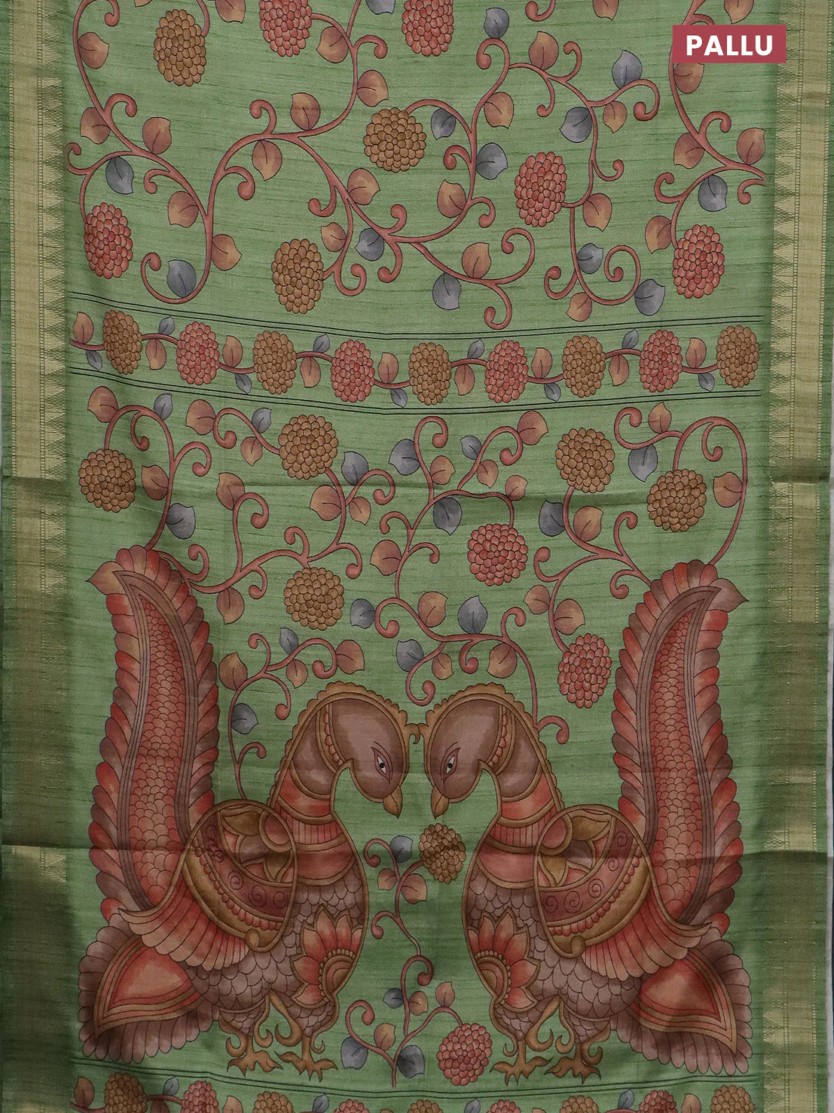 Semi tussar saree light green with allover floral prints and zari woven border - Image 3