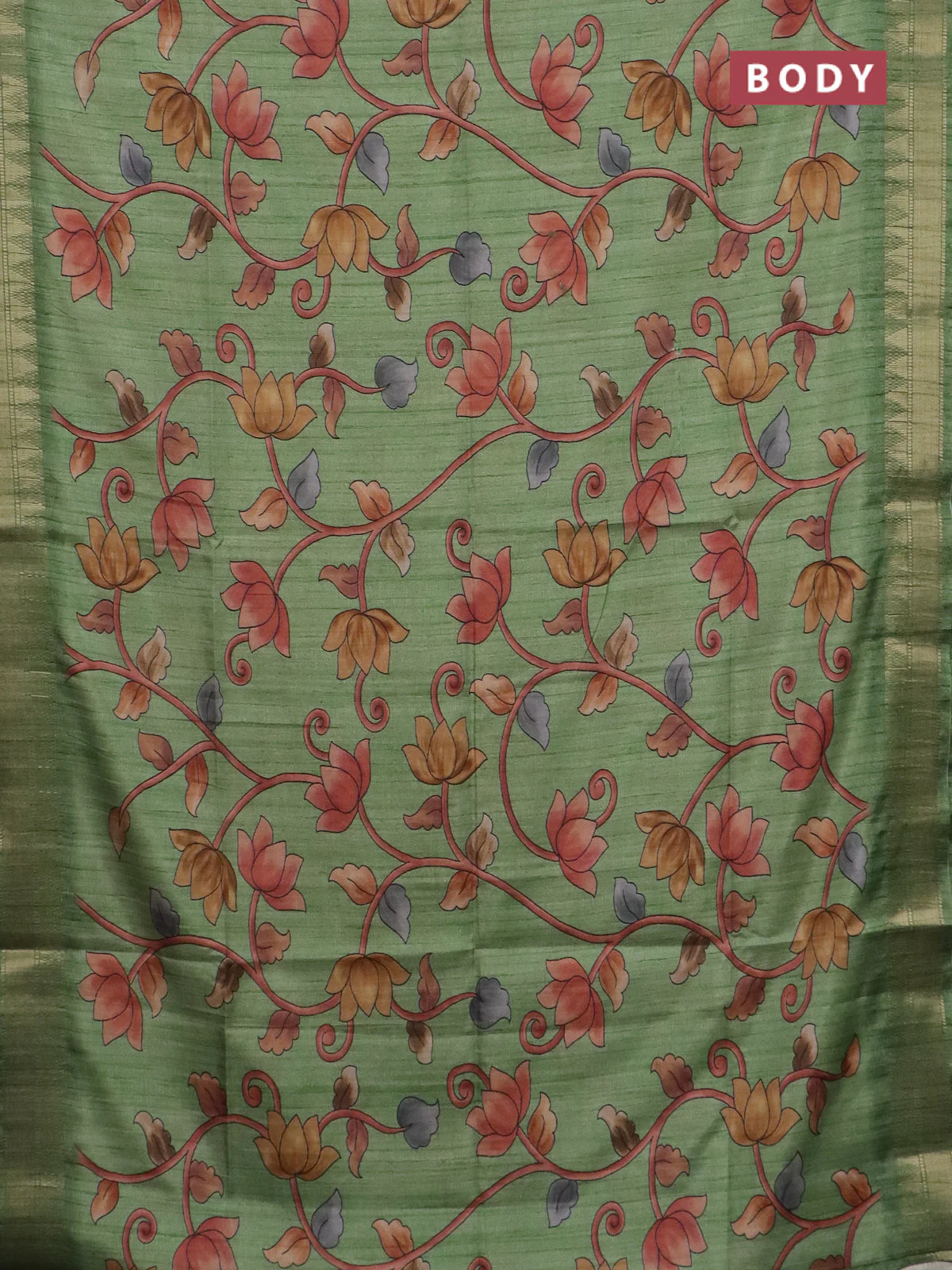 Semi tussar saree light green with allover floral prints and zari woven border - Image 2