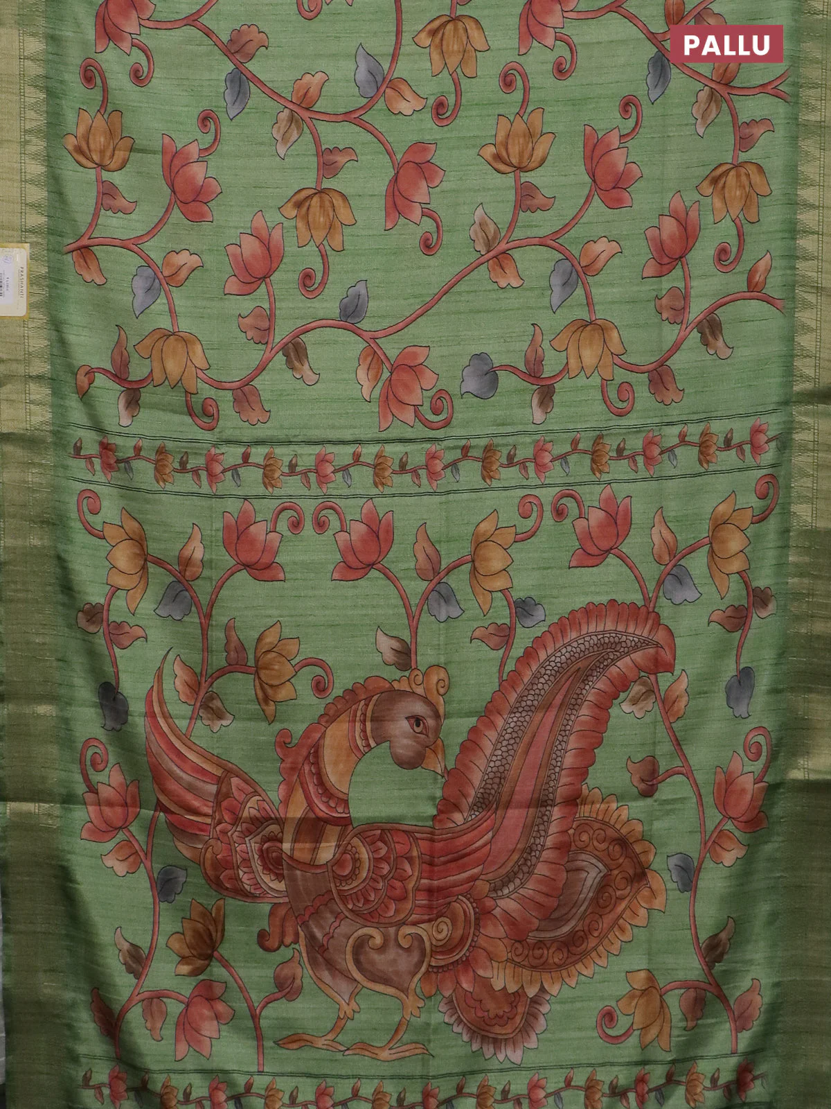 Semi tussar saree light green with allover floral prints and zari woven border - Image 3