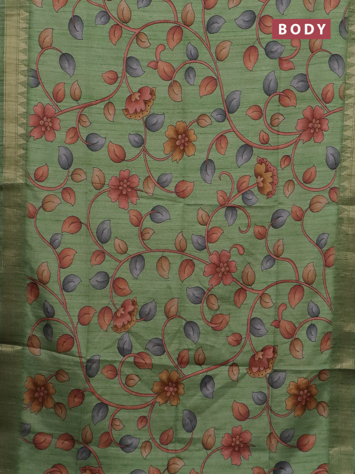 Semi tussar saree light green with allover floral prints and zari woven border - Image 2