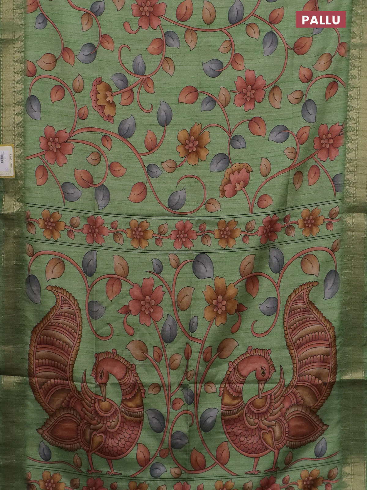 Semi tussar saree light green with allover floral prints and zari woven border - Image 3