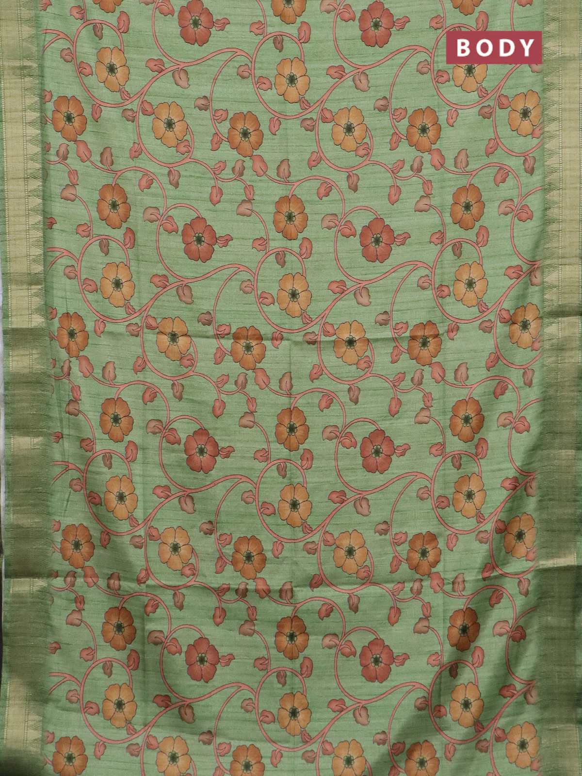 Semi tussar saree light green with allover floral prints and zari woven border - Image 2