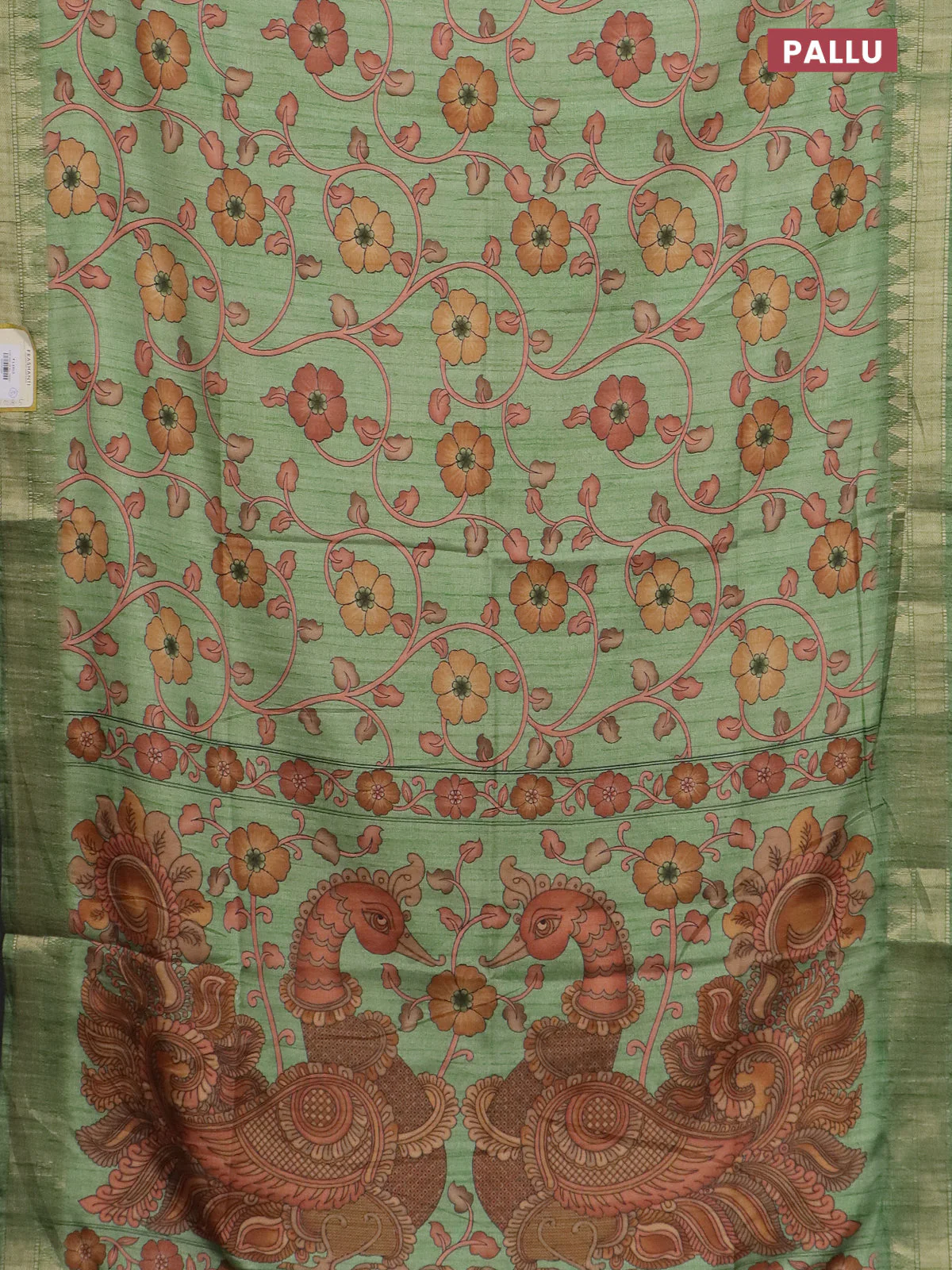Semi tussar saree light green with allover floral prints and zari woven border - Image 3
