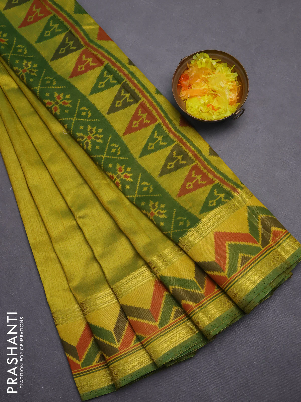 Semi tussar saree light green with plain body and ikat woven zari border