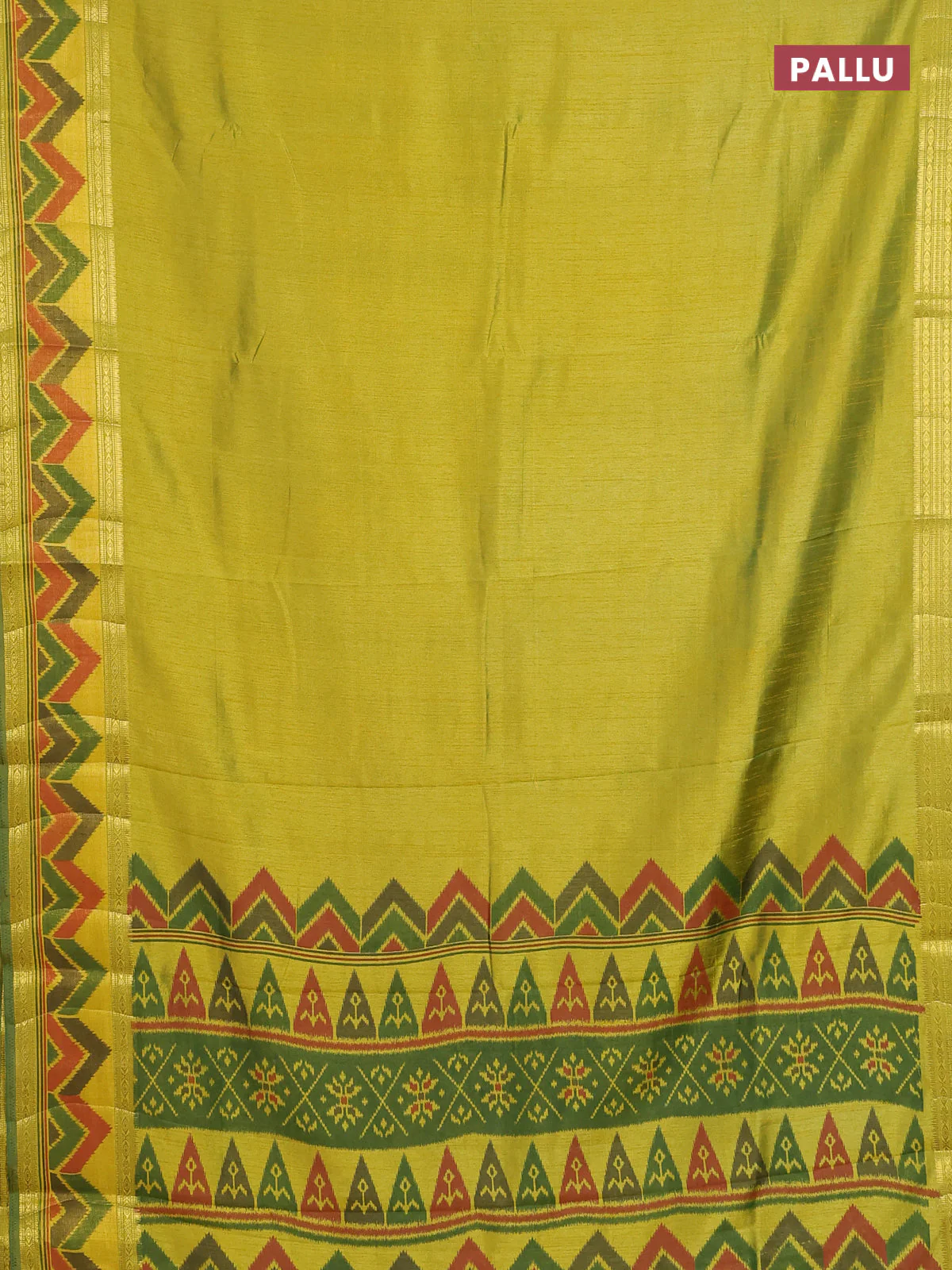 Semi tussar saree light green with plain body and ikat woven zari border - Image 3