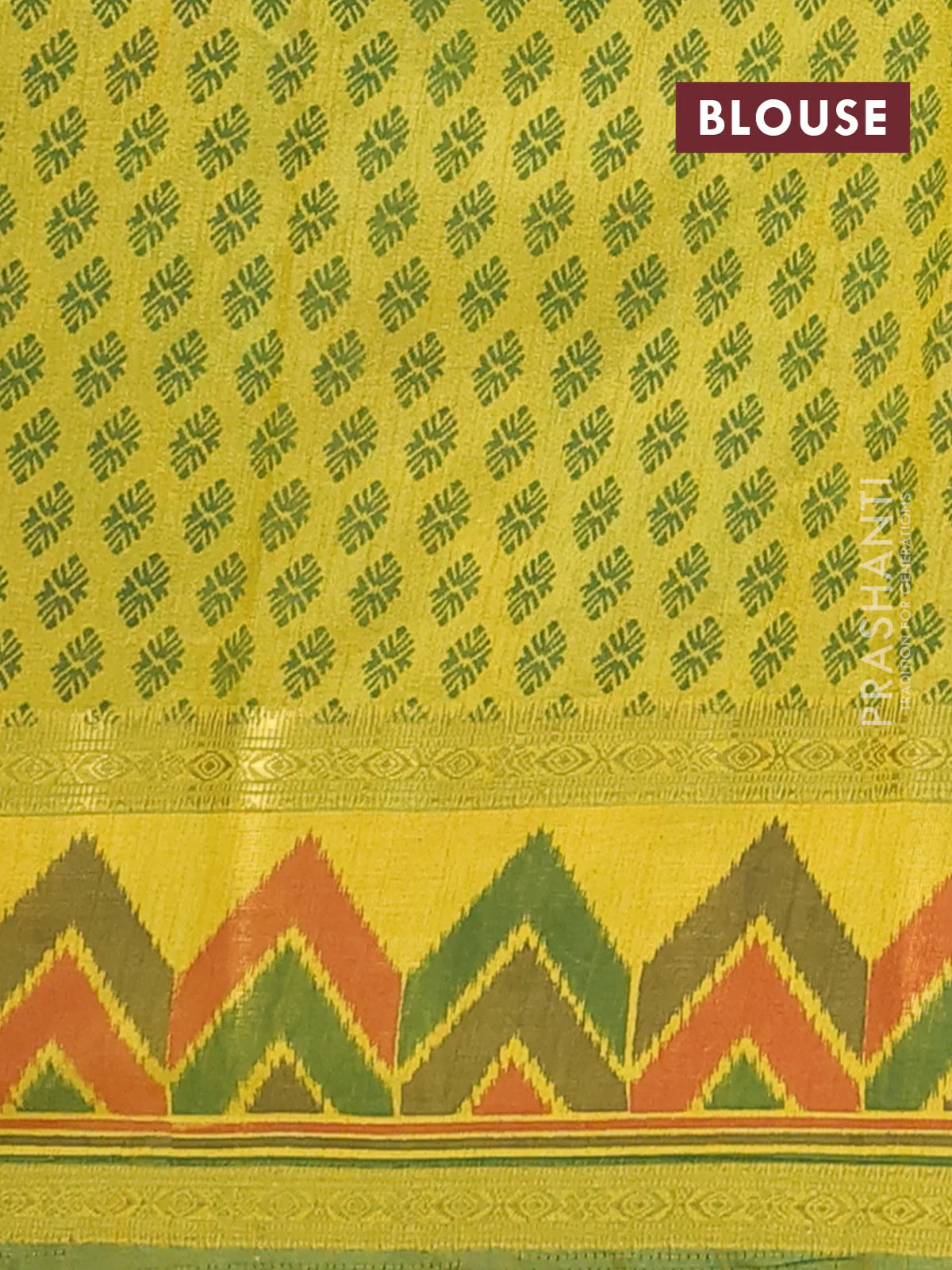 Semi tussar saree light green with plain body and ikat woven zari border - Image 4