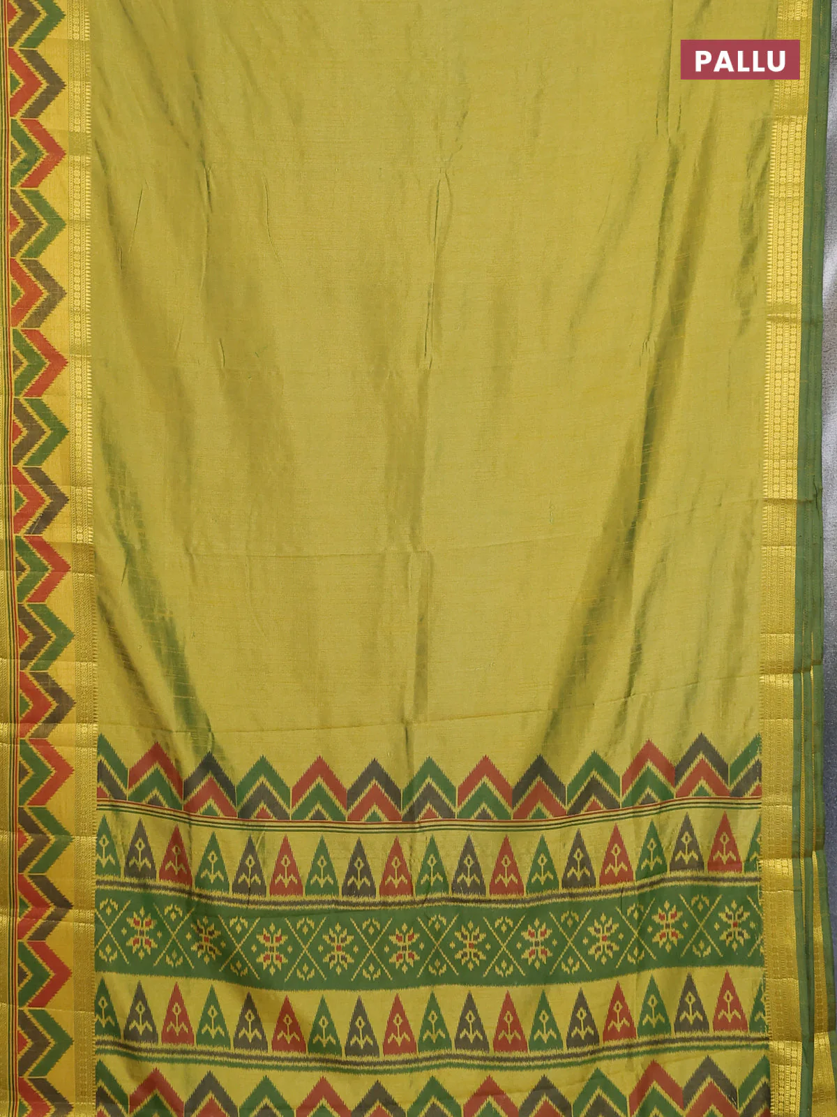 Semi tussar saree light green with plain body and ikat woven zari border - Image 3