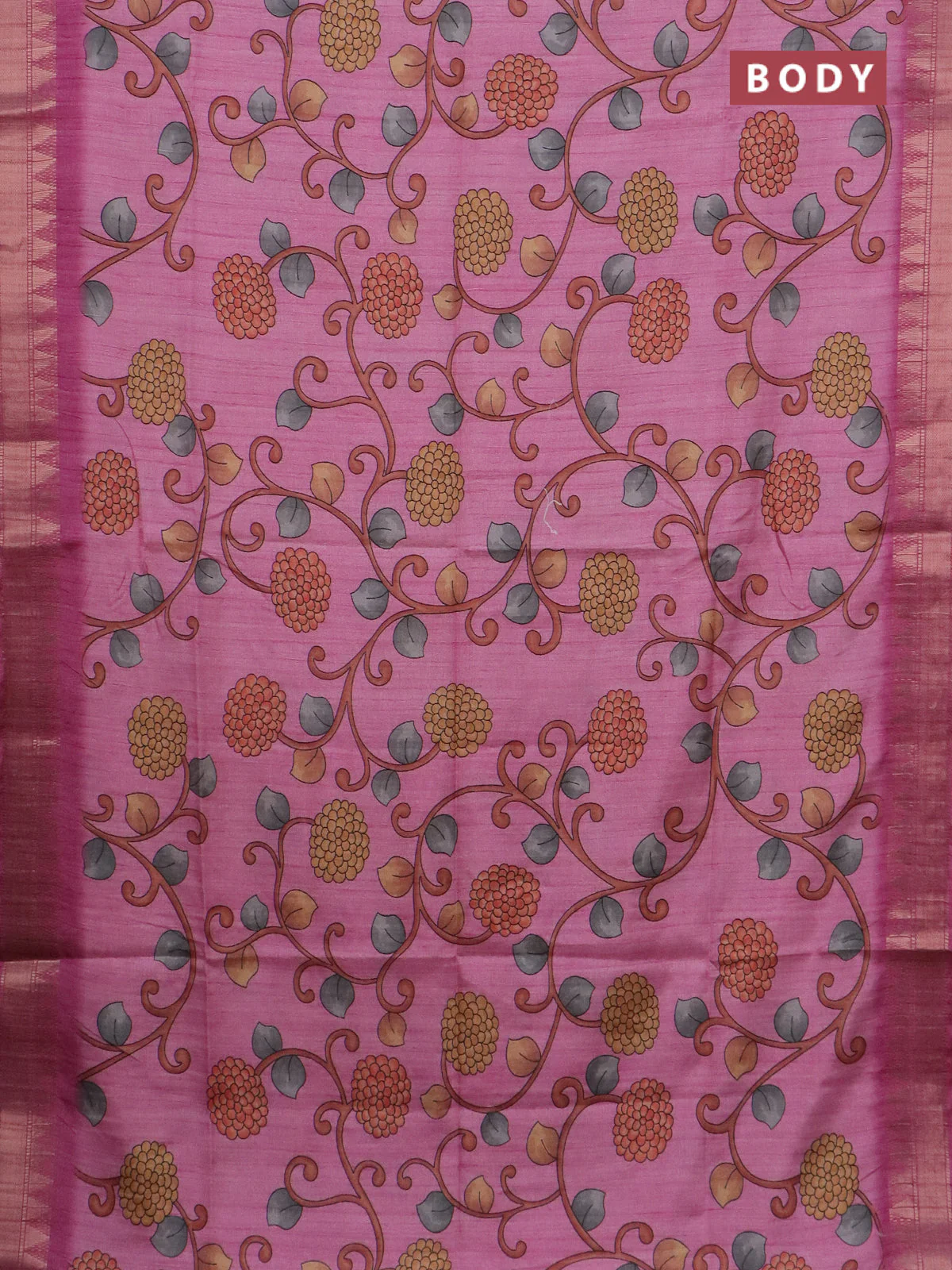 Semi tussar saree light pink with allover floral prints and zari woven border - Image 2