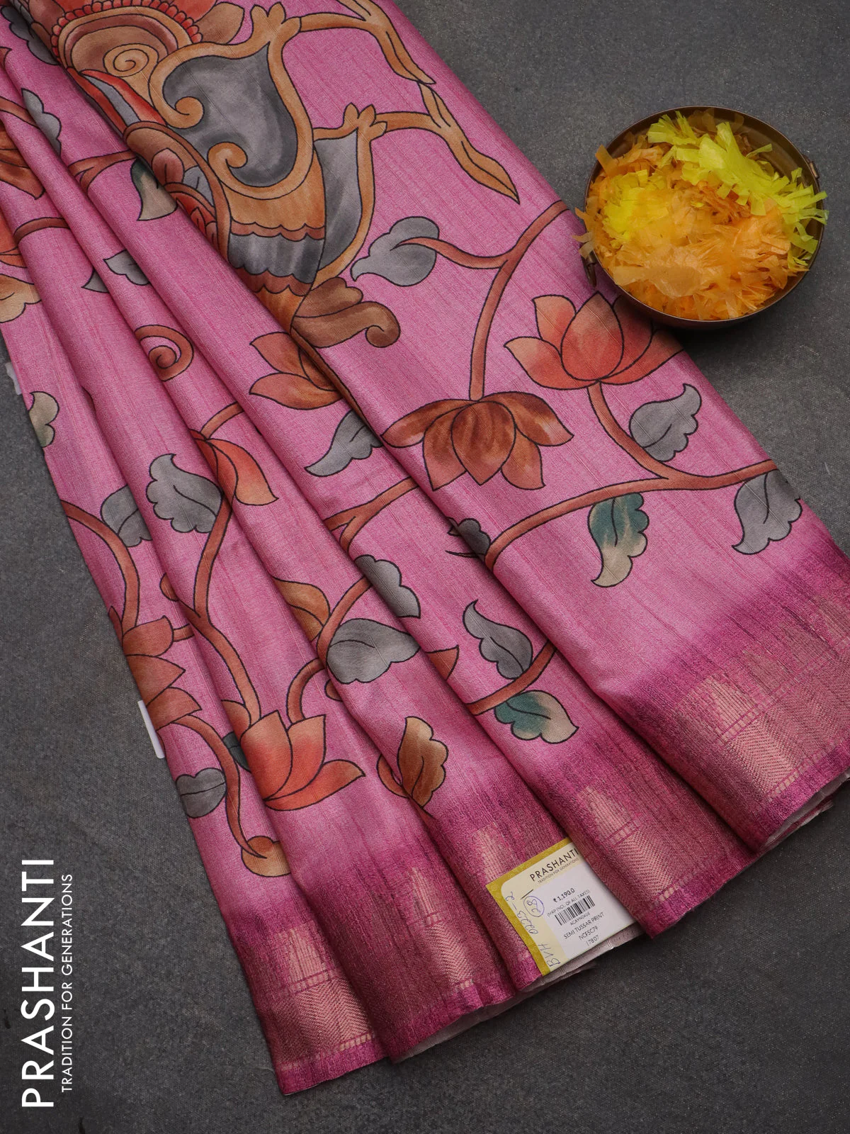 Semi tussar saree light pink with allover floral prints and zari woven border