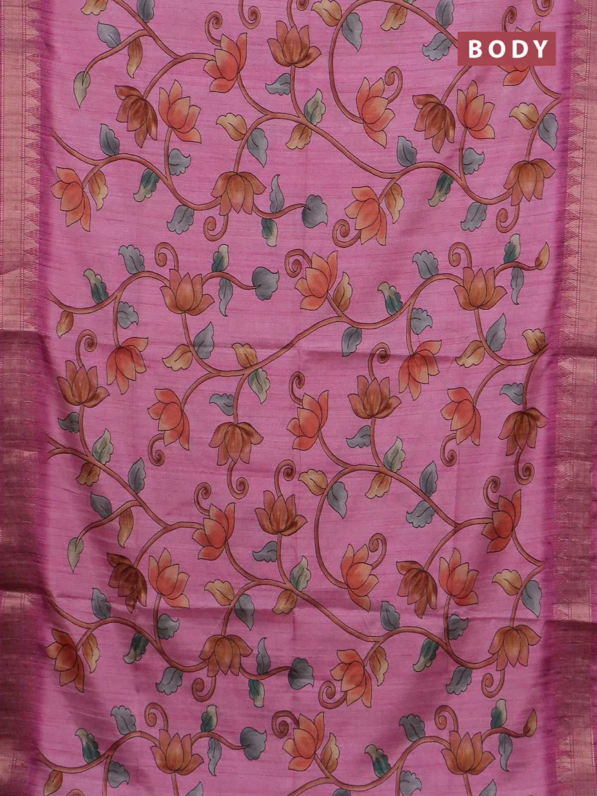 Semi tussar saree light pink with allover floral prints and zari woven border - Image 2
