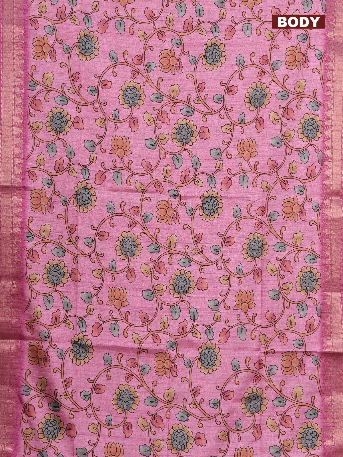 Semi tussar saree light pink with allover floral prints and zari woven border - Image 2
