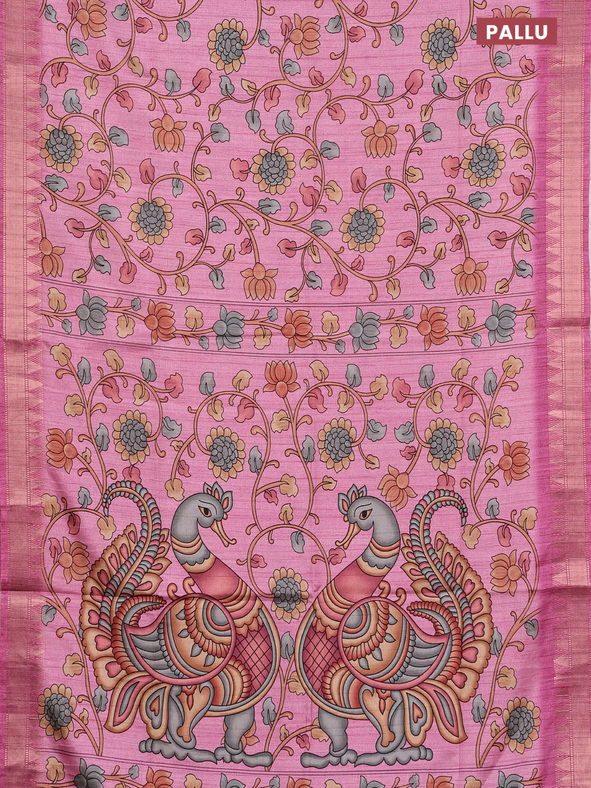 Semi tussar saree light pink with allover floral prints and zari woven border - Image 3