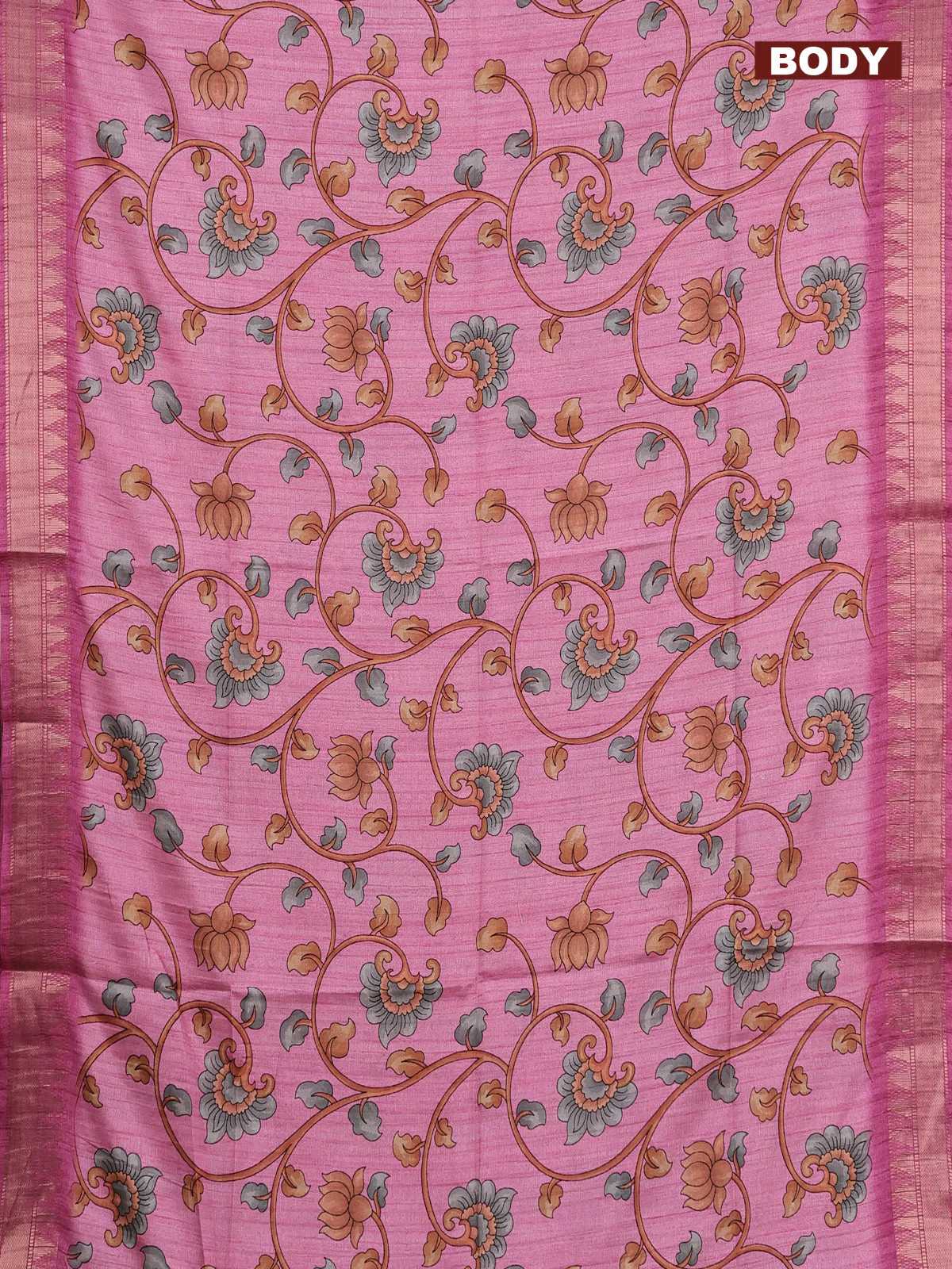 Semi tussar saree light pink with allover floral prints and zari woven border - Image 2