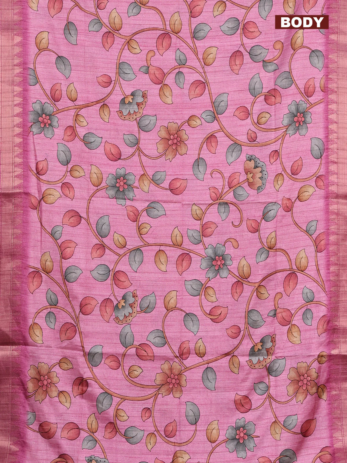 Semi tussar saree light pink with allover floral prints and zari woven border - Image 2