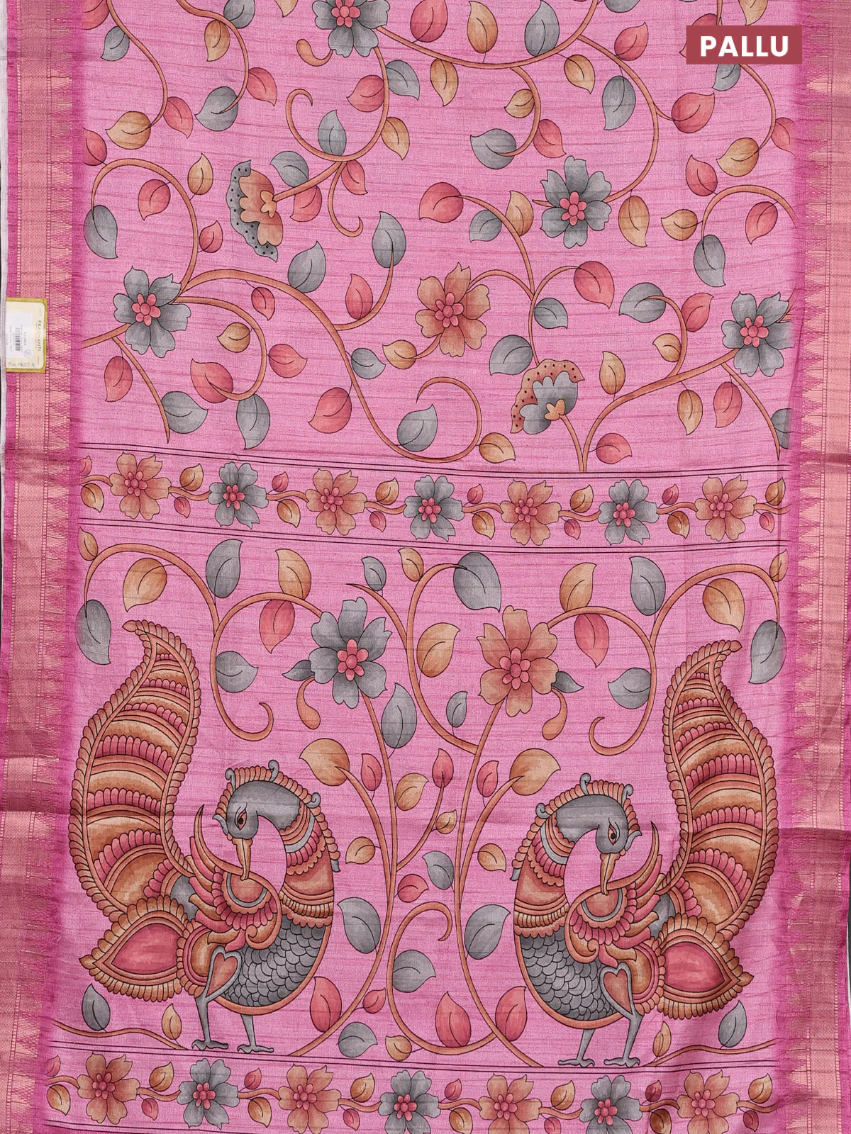 Semi tussar saree light pink with allover floral prints and zari woven border - Image 3