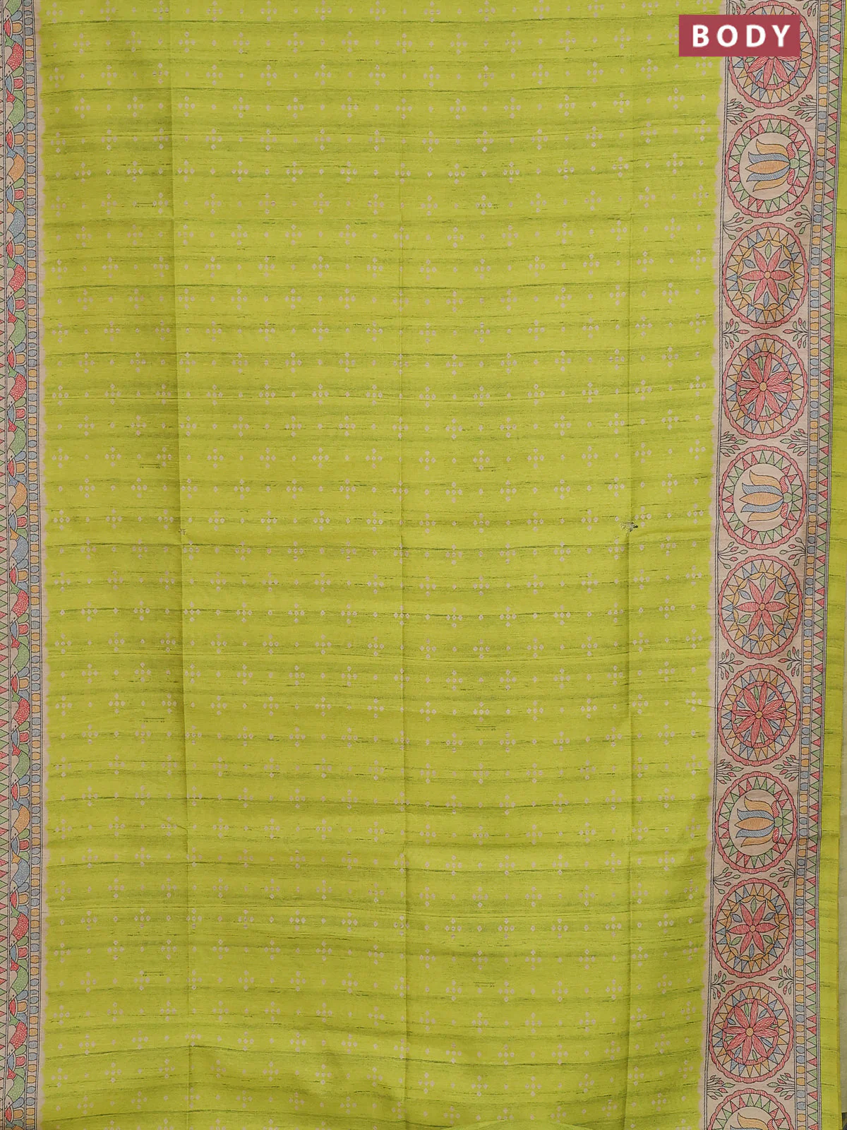Semi tussar saree lime green and beige with allover bandhani prints and madhubani printed pallu & border - Image 2