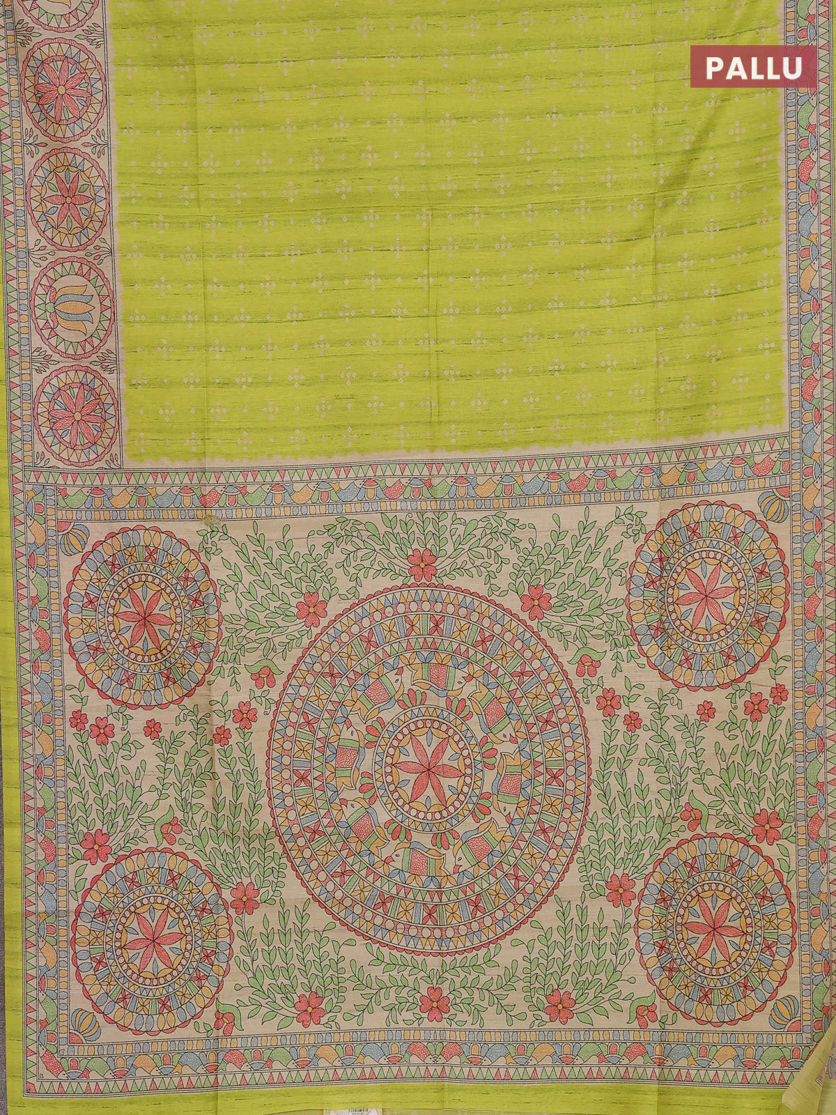 Semi tussar saree lime green and beige with allover bandhani prints and madhubani printed pallu & border - Image 3