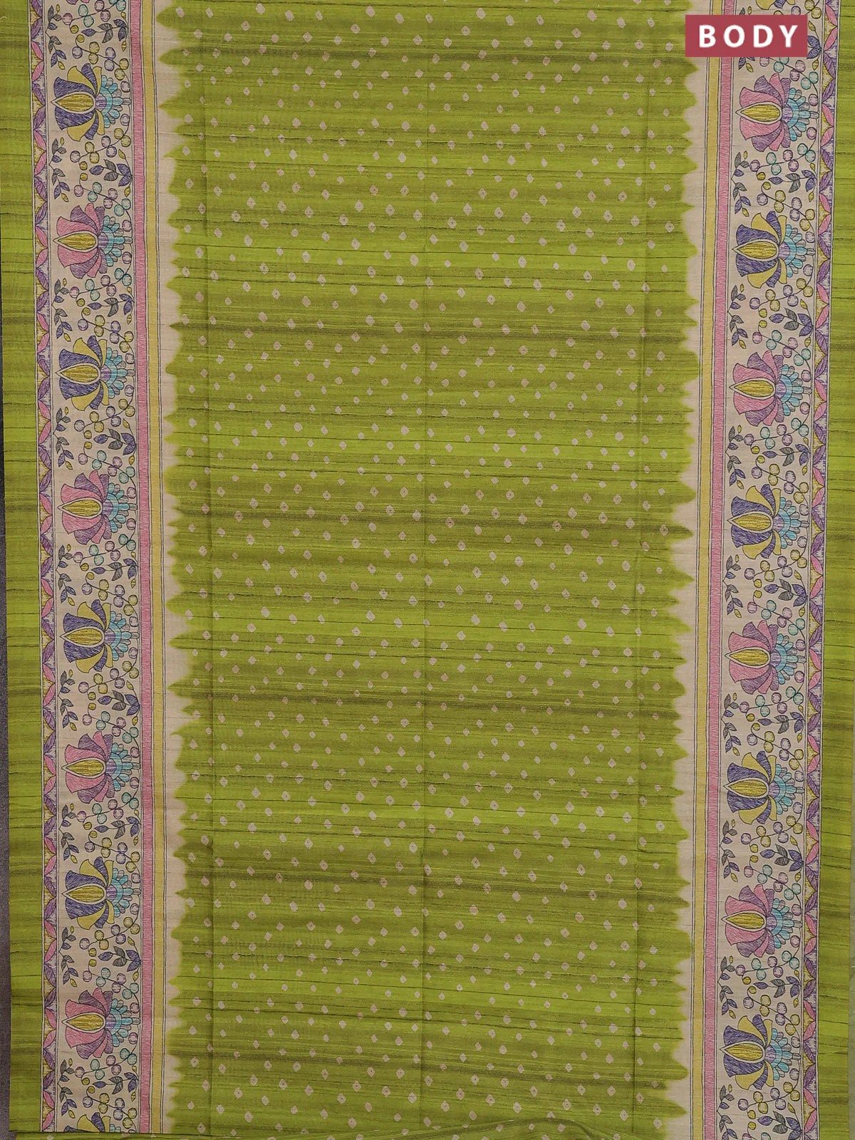 Semi tussar saree lime green and beige with allover bandhani prints and madhubani printed pallu & border - Image 2