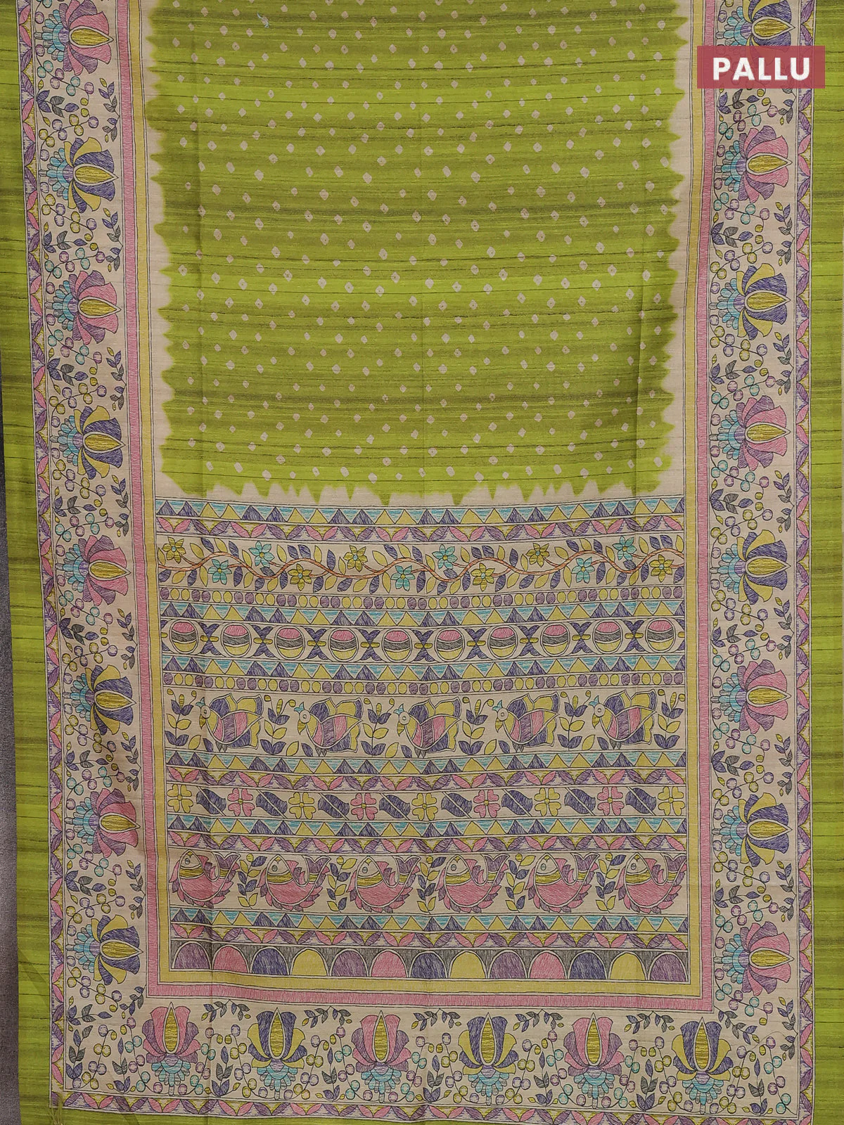 Semi tussar saree lime green and beige with allover bandhani prints and madhubani printed pallu & border - Image 3