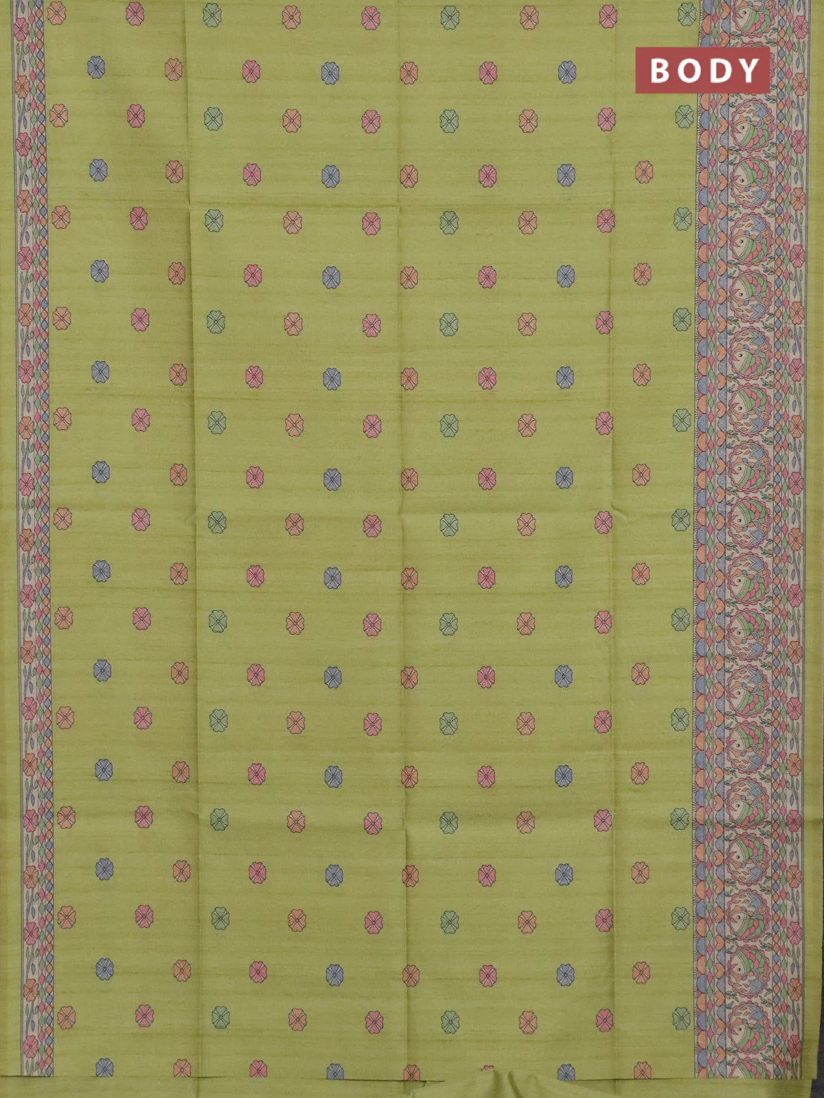 Semi tussar saree lime green and beige with allover butta prints and madhubani printed pallu & border - Image 2