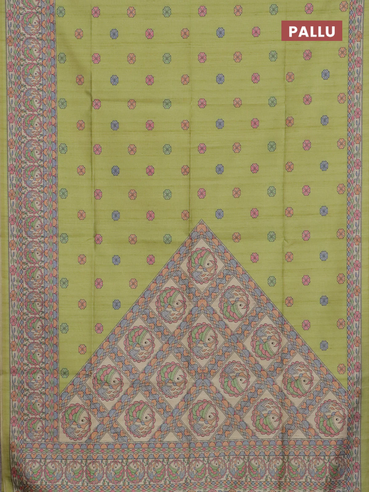Semi tussar saree lime green and beige with allover butta prints and madhubani printed pallu & border - Image 3