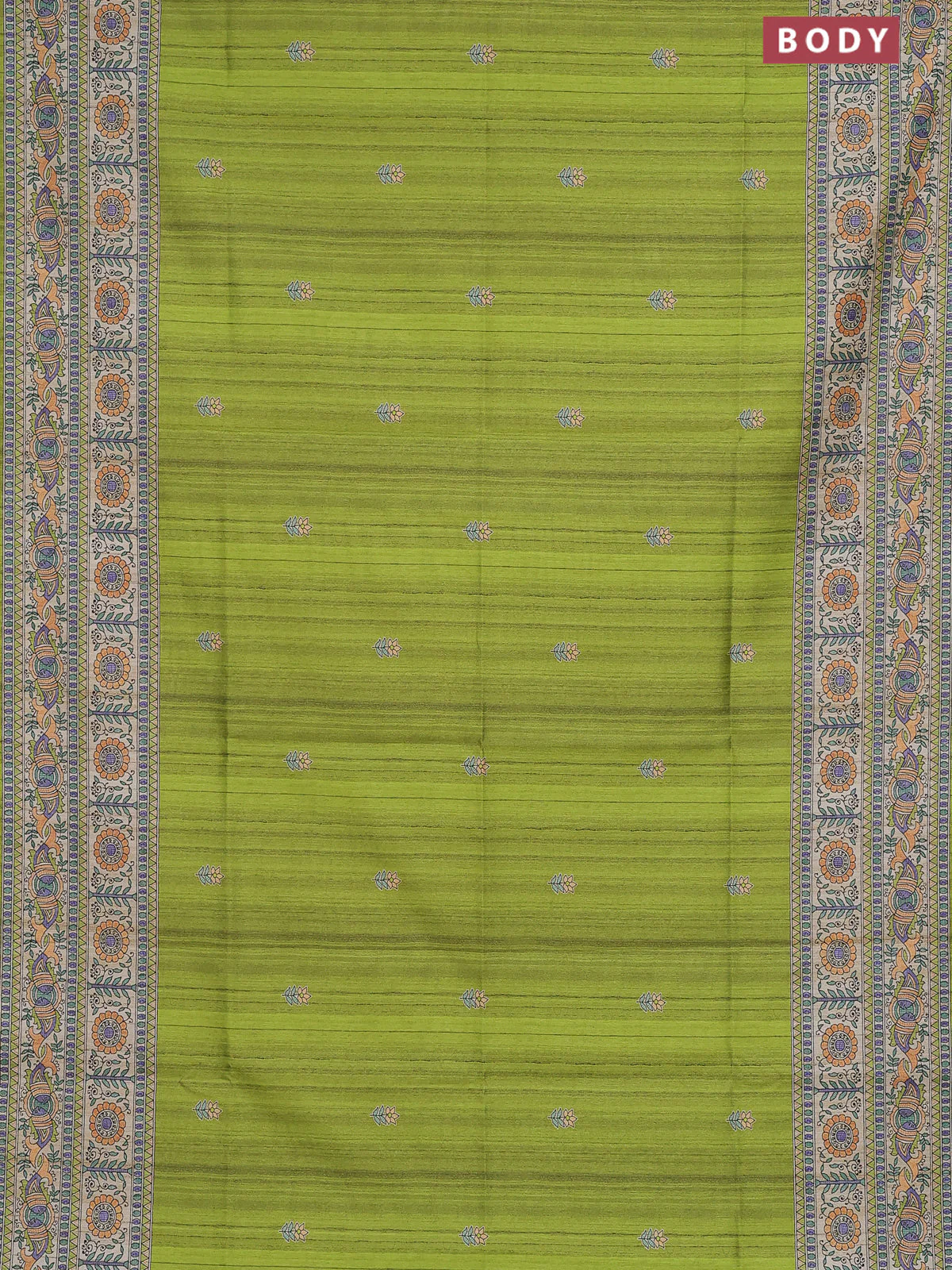 Semi tussar saree lime green and beige with butta prints and madhubani printed pallu & border - Image 2