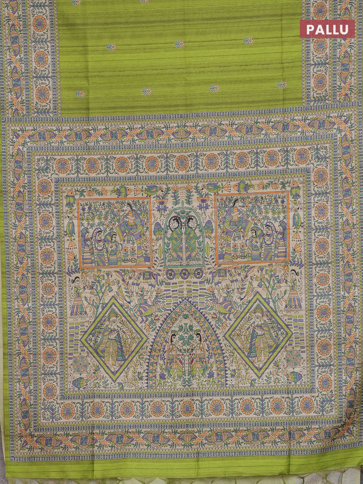 Semi tussar saree lime green and beige with butta prints and madhubani printed pallu & border - Image 3