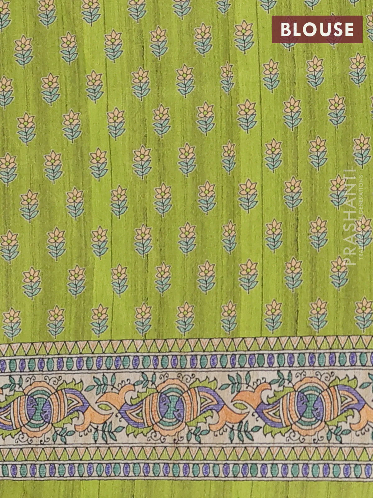 Semi tussar saree lime green and beige with butta prints and madhubani printed pallu & border - Image 4