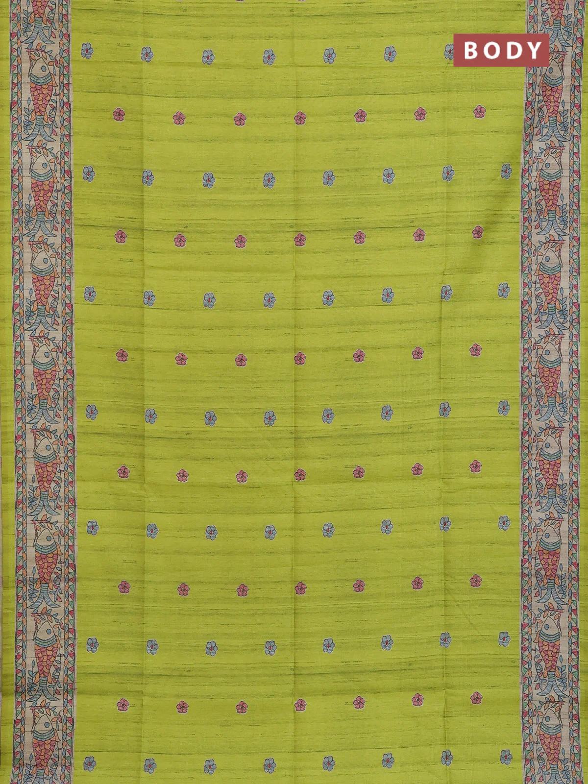 Semi tussar saree lime green and beige with butta prints and madhubani printed pallu & border - Image 2
