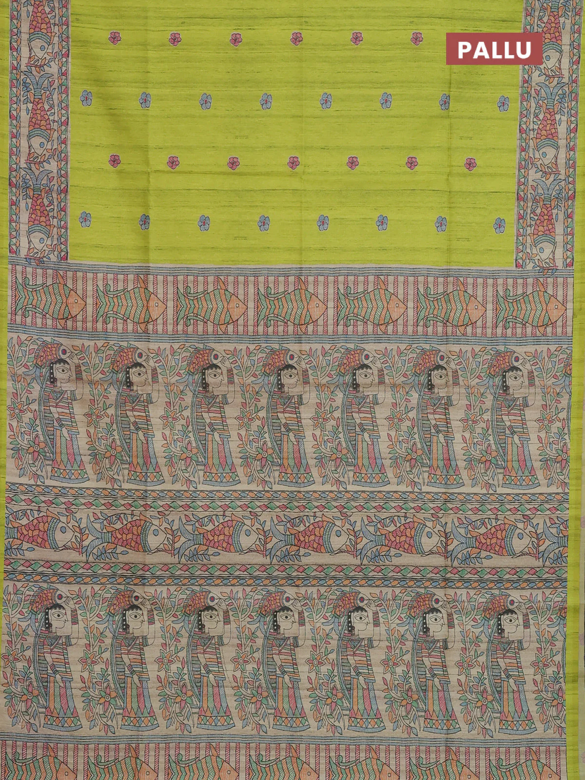 Semi tussar saree lime green and beige with butta prints and madhubani printed pallu & border - Image 3